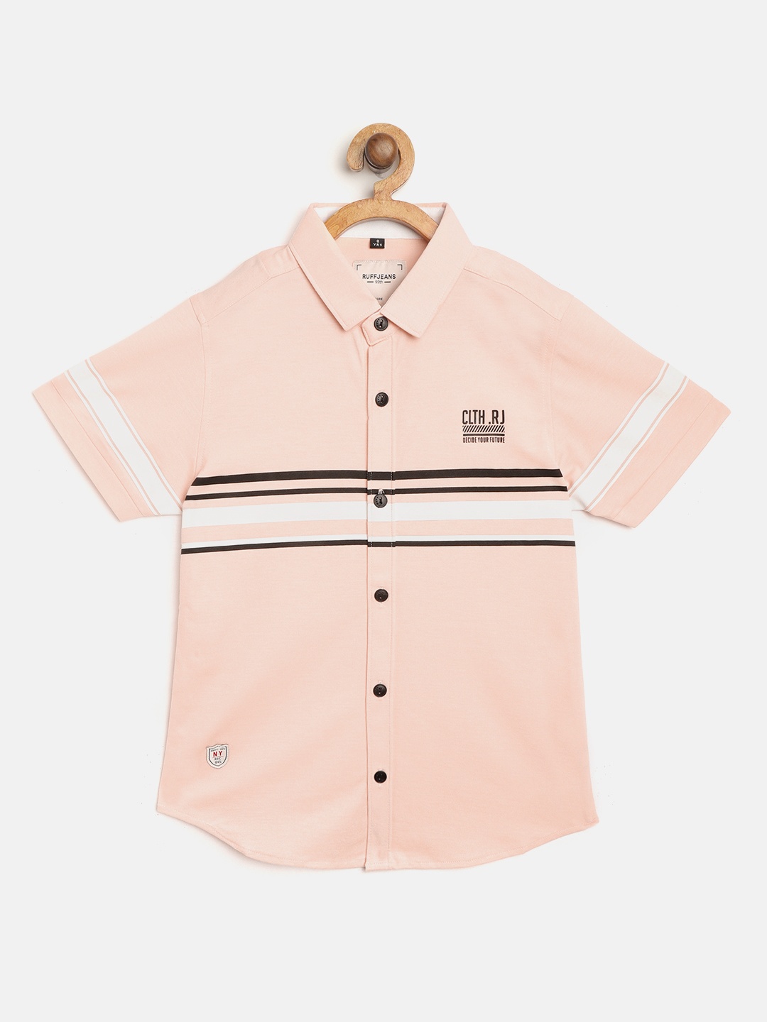 

RUFF Boys Peach-Coloured & Black Slim Fit Striped Knitted Casual Shirt