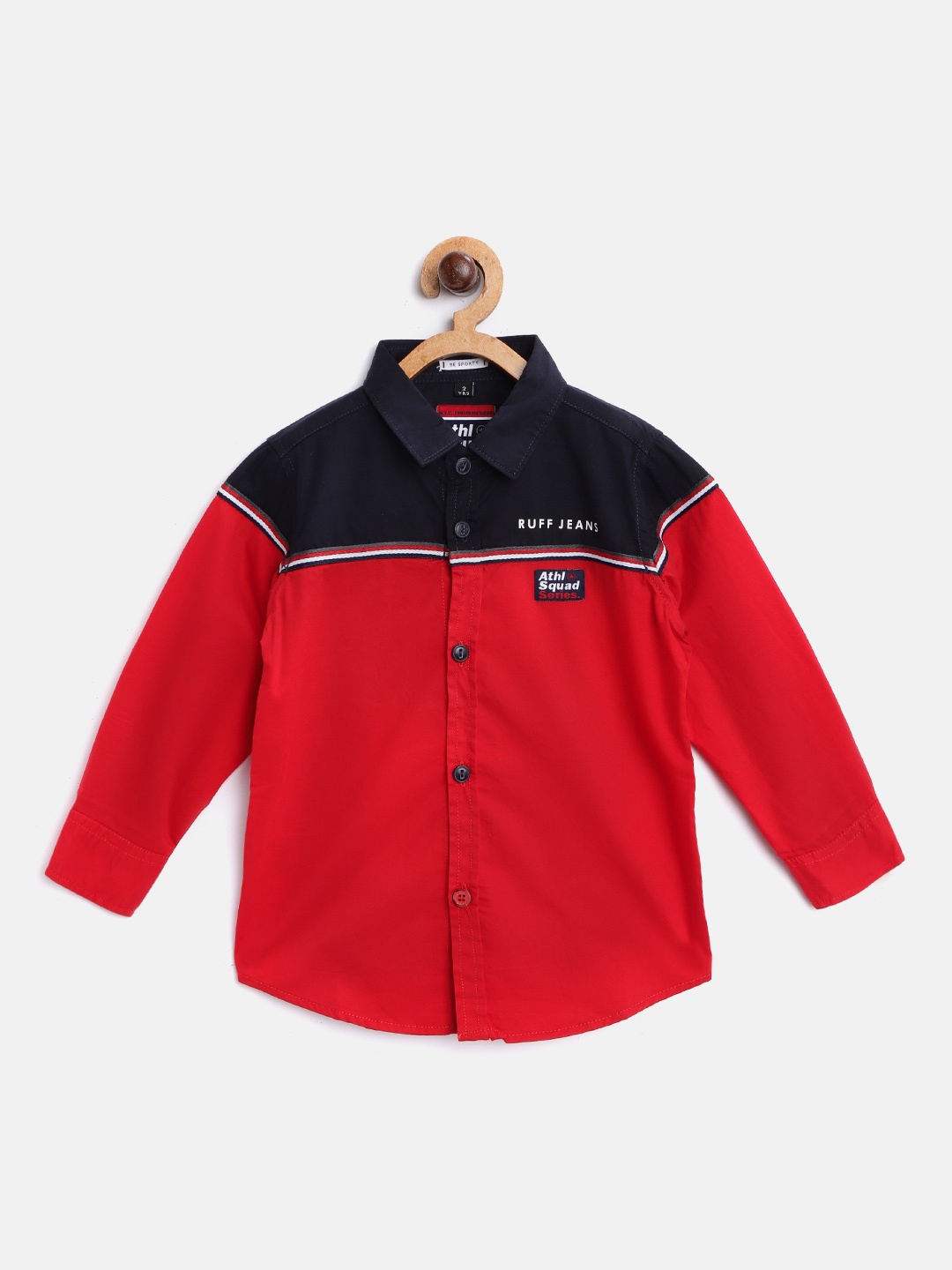 

RUFF Boys Red & Navy Blue Slim Fit Colourblocked Casual Shirt