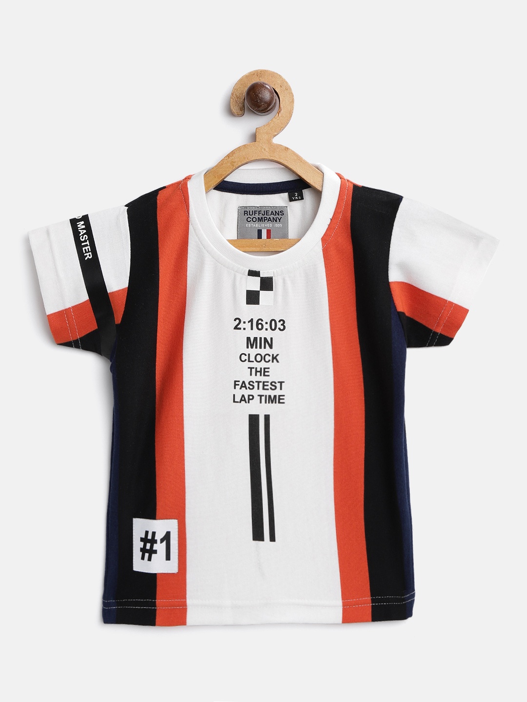 

RUFF Boys White & Red Striped Round Neck T-shirt with Printed Detail