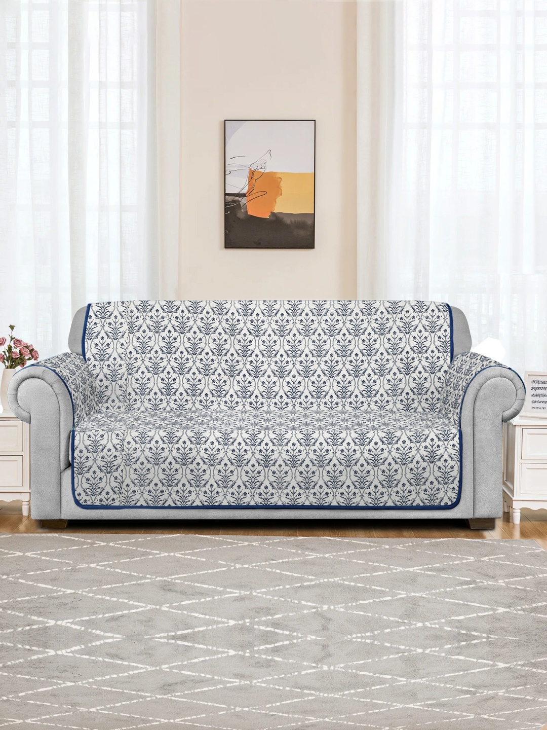 

Rajasthan Decor Blue & Off-White Screen Print 3 Seater Quilted Sofa Cover