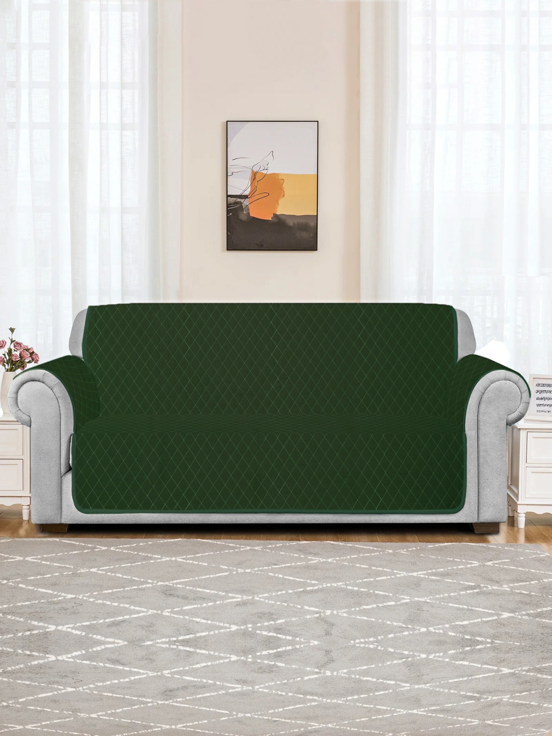 

Rajasthan Decor Olive Green Reversible 3 Seater Quilted Sofa Cover