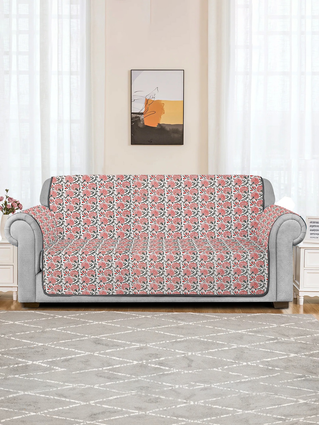

Rajasthan Decor Pink & Off-White Screen Print 3 Seater Quilted Sofa Cover