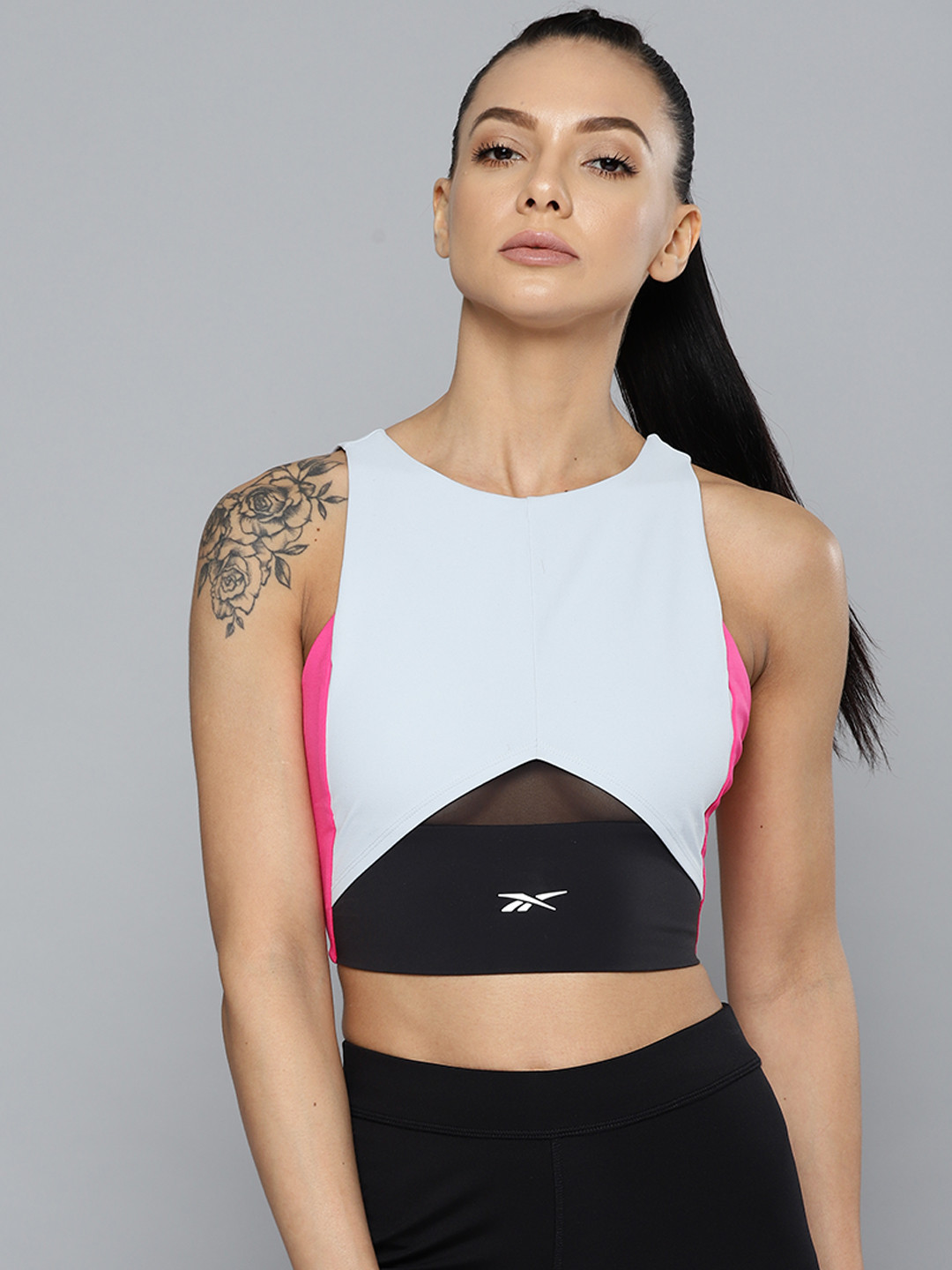 

Reebok Women White & Black Fitted Colourblock Crop Training Top