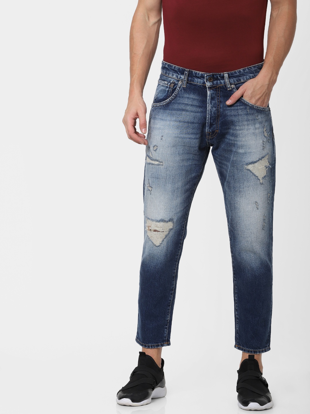 

Jack & Jones Men Blue Tapered Fit Low-Rise Highly Distressed Cropped Jeans