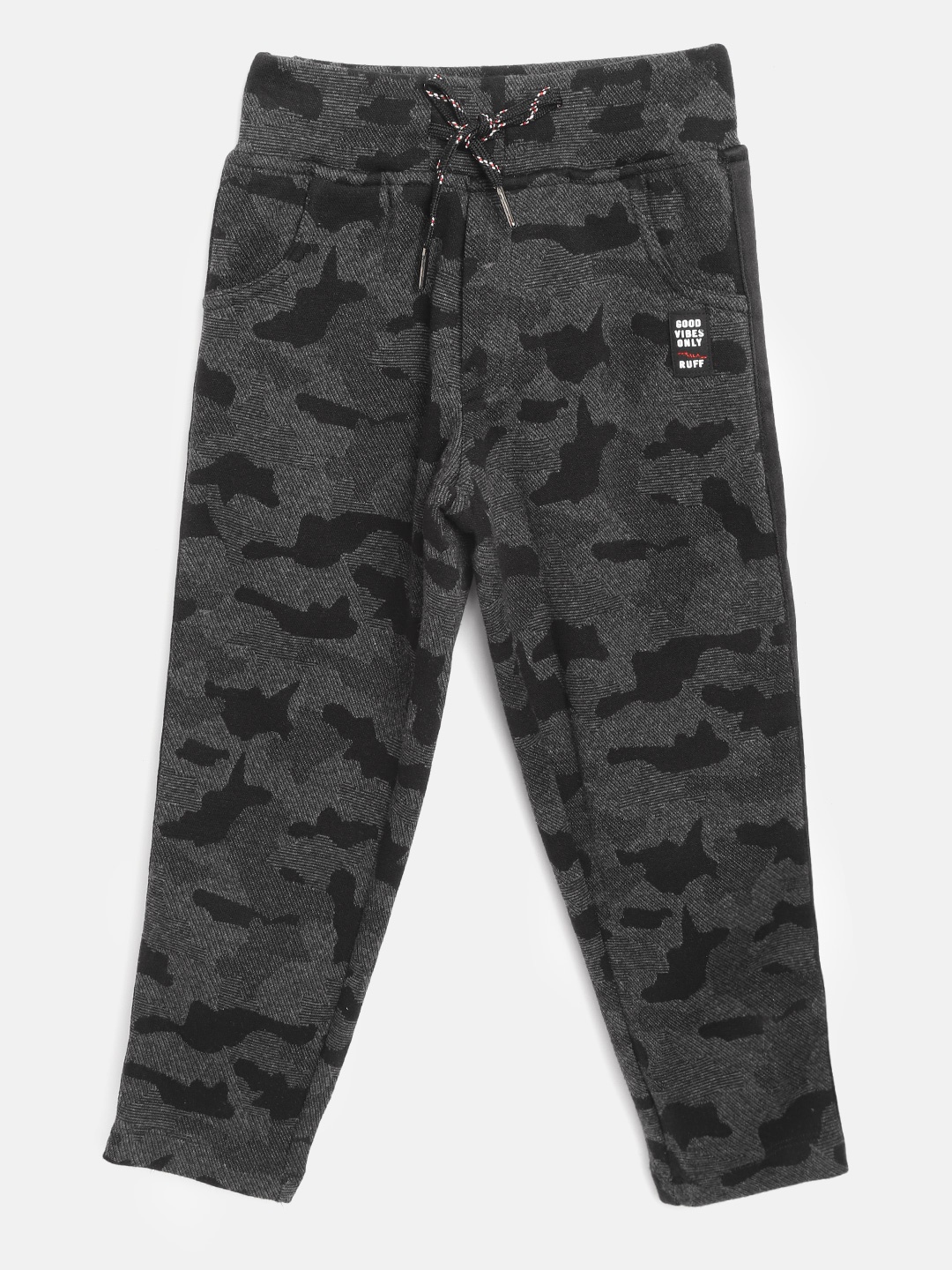 

RUFF Boys Black & Charcoal Grey Camouflage Print Slim Fit Track Pants
