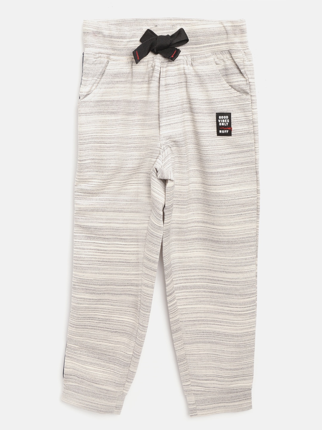 

RUFF Boys Off-White & Grey Striped Slim Fit Joggers with Side Taping Detail