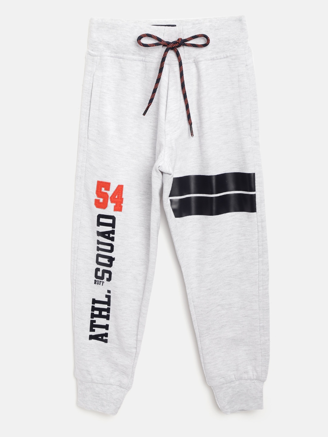 

RUFF Boys Grey Melange & Black Printed Slim Fit Joggers with Applique Detail