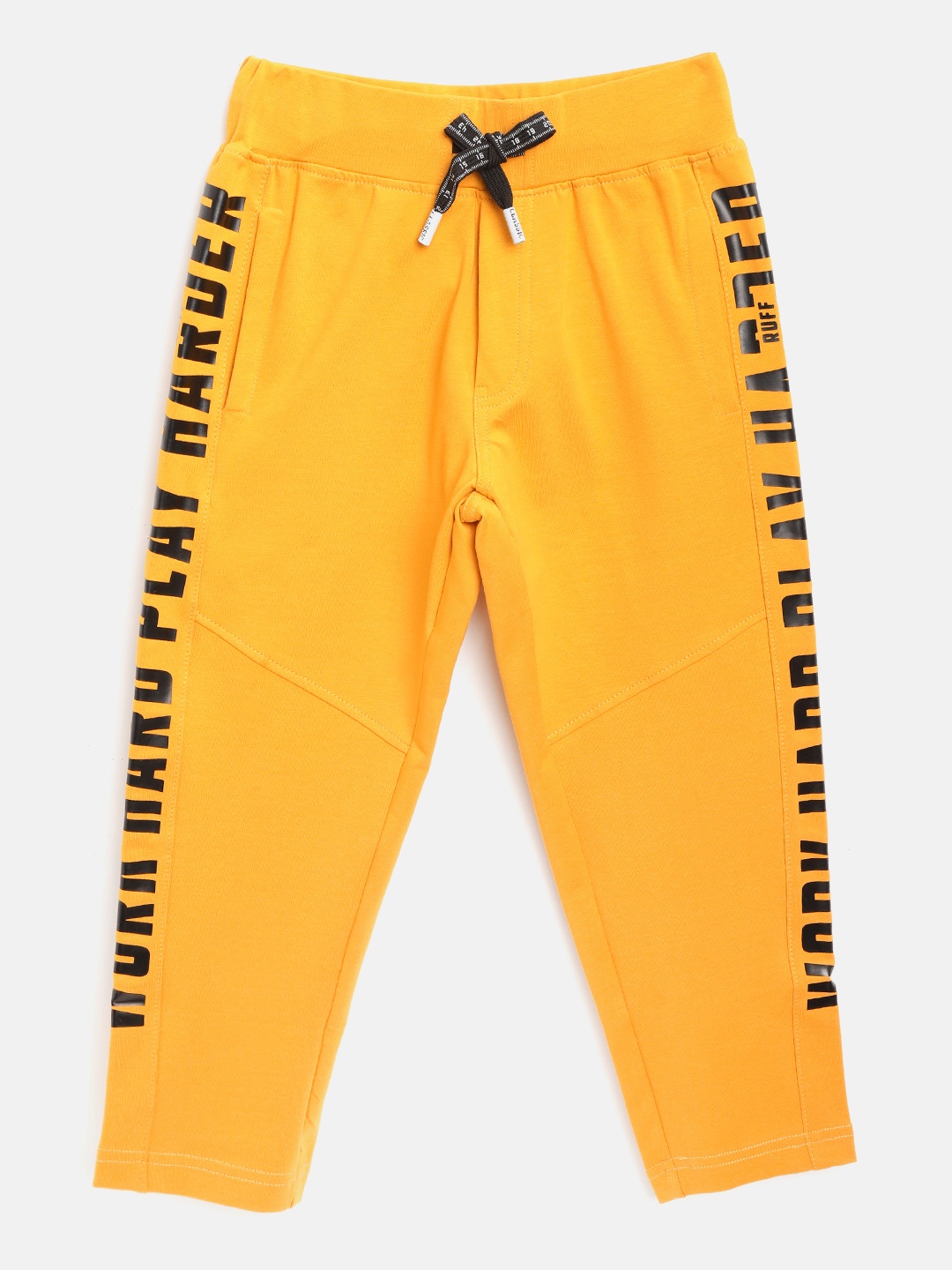 

RUFF Boys Yellow & Black Solid Slim Fit Track Pants with Printed Side Detail