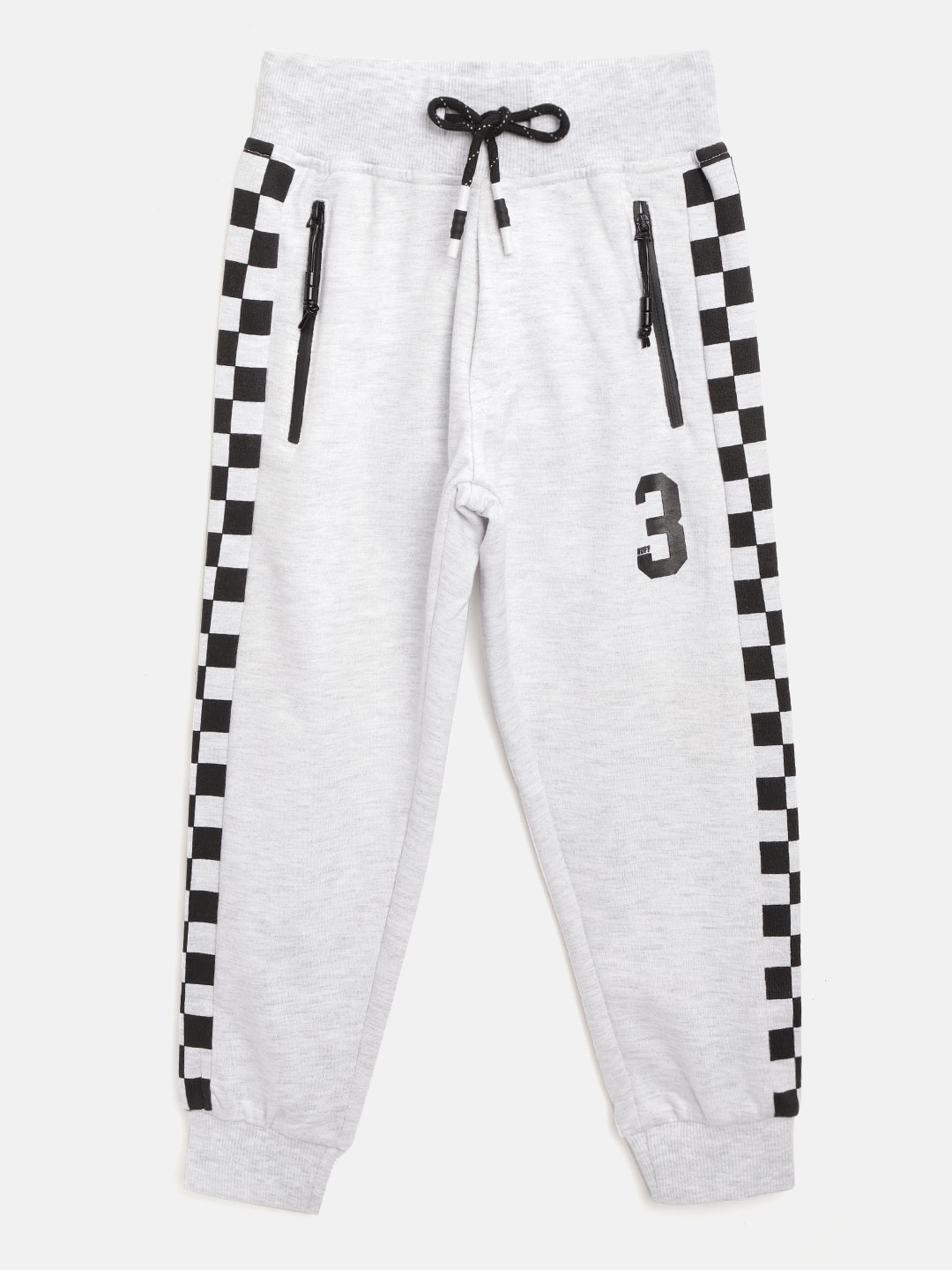 

RUFF Boys Grey Melange & Black Solid Slim Fit Joggers with Checked Side Stripe Detail