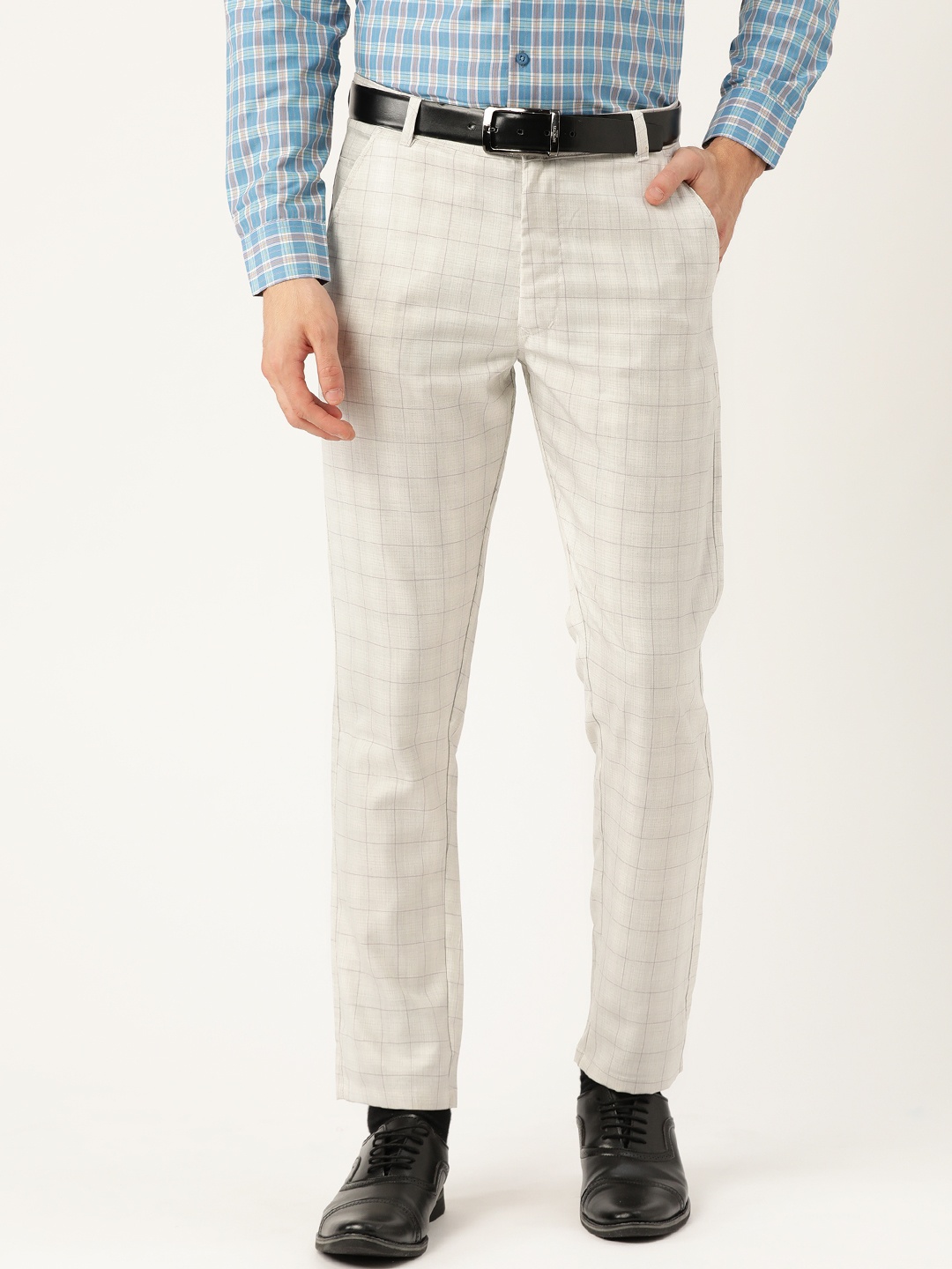 

SOJANYA Men Off-White & Grey Smart Regular Fit Checked Formal Trousers