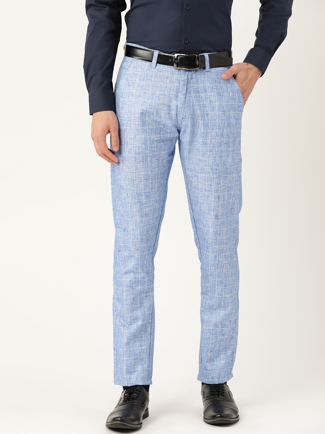 

SOJANYA Men Blue & Off-White Smart Regular Fit Checked Formal Trousers