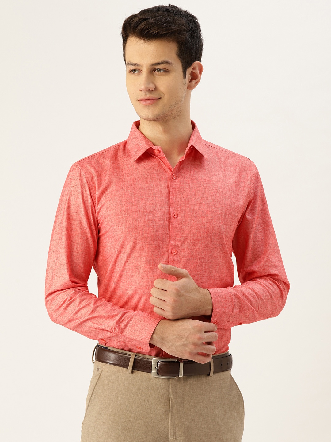 SOJANYA Men Coral Orange Classic Fit Solid Formal Shirt