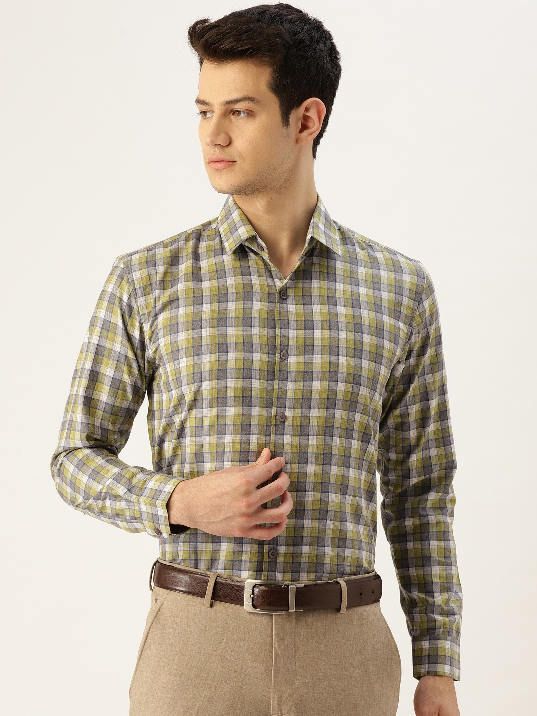 

SOJANYA Men Olive Green & Grey Classic Fit Checked Formal Shirt