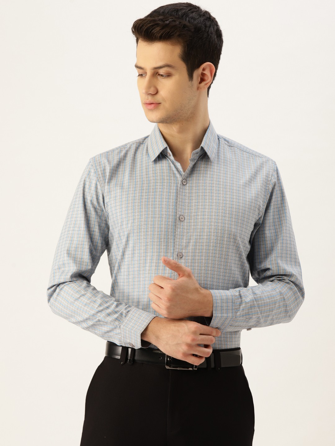 

SOJANYA Men Grey & Blue Classic Fit Checked Formal Shirt