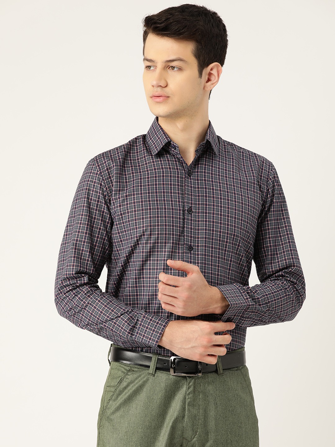 

SOJANYA Men Navy Blue & Grey Regular Fit Checked Formal Shirt