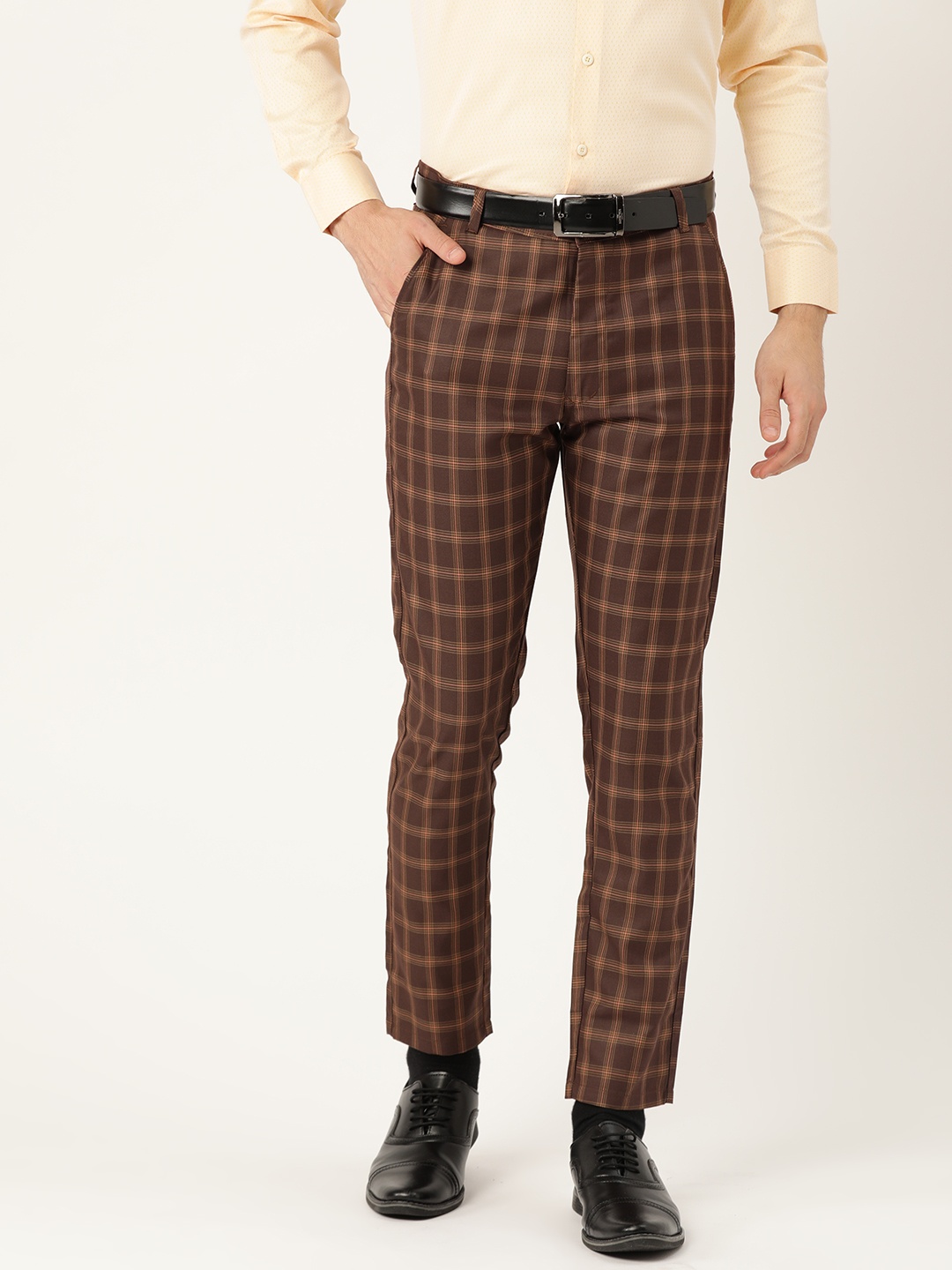 

SOJANYA Men Coffee Brown & Beige Smart Regular Fit Checked Formal Trousers
