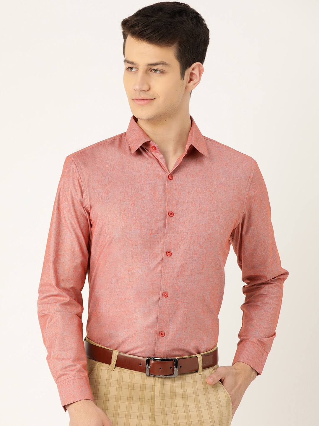 

SOJANYA Men Coral Red & Grey Classic Fit Solid Formal Shirt