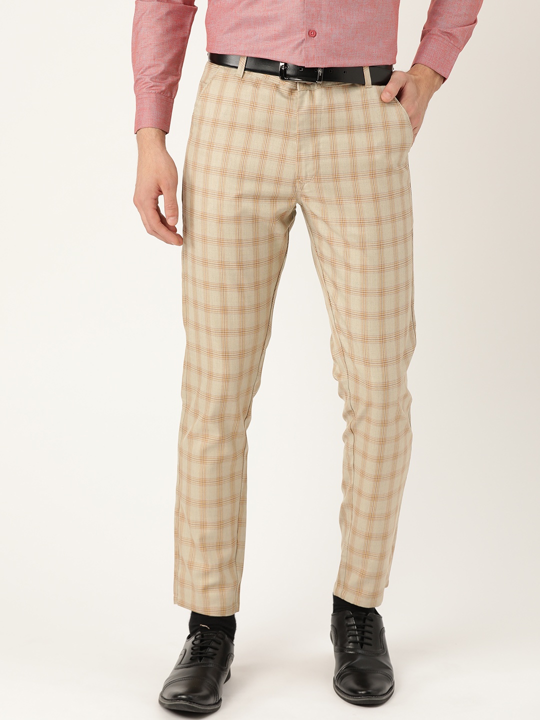 

SOJANYA Men Beige & Mustard Yellow Smart Regular Fit Checked Formal Trousers