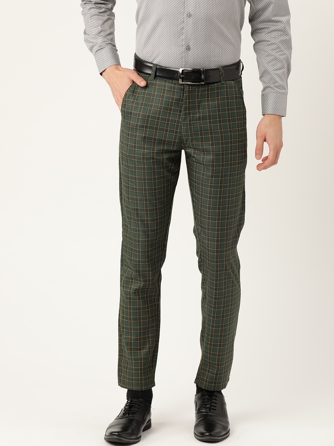 

SOJANYA Men Green & Mustard Yellow Smart Regular Fit Checked Formal Trousers