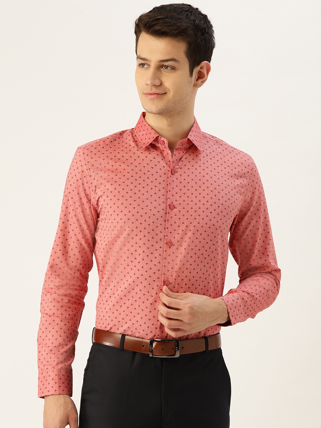 

SOJANYA Men Coral Pink & Navy Blue Classic Fit Micro Ditsy Printed Formal Shirt