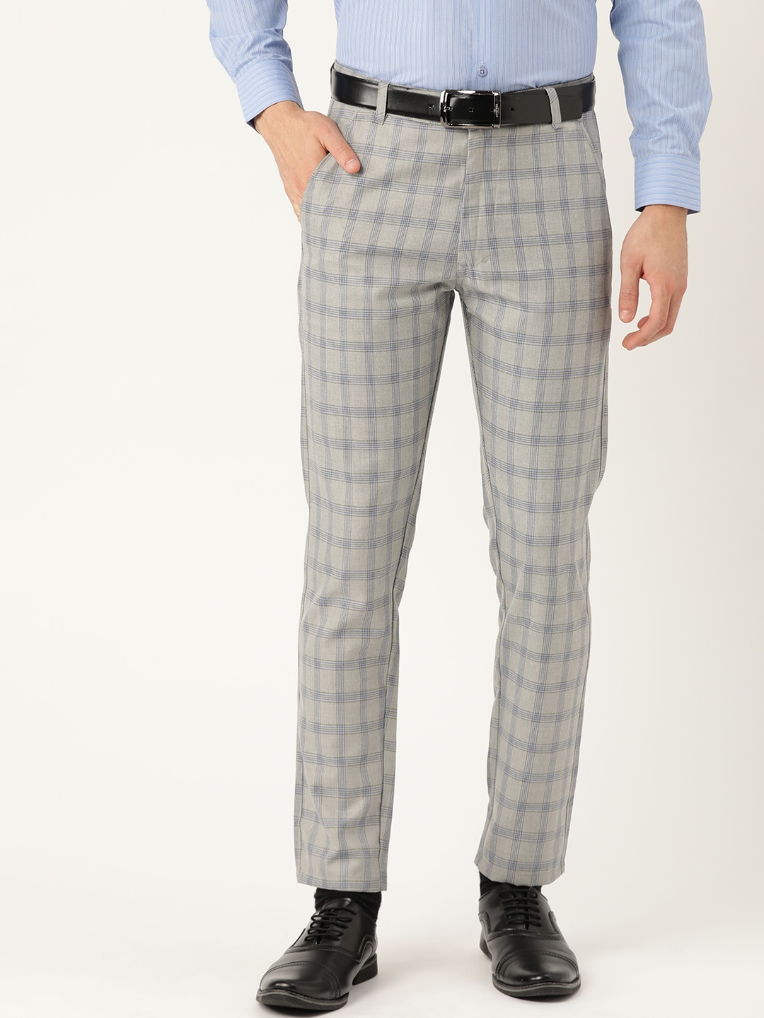 

SOJANYA Men Grey & Blue Smart Regular Fit Checked Formal Trousers