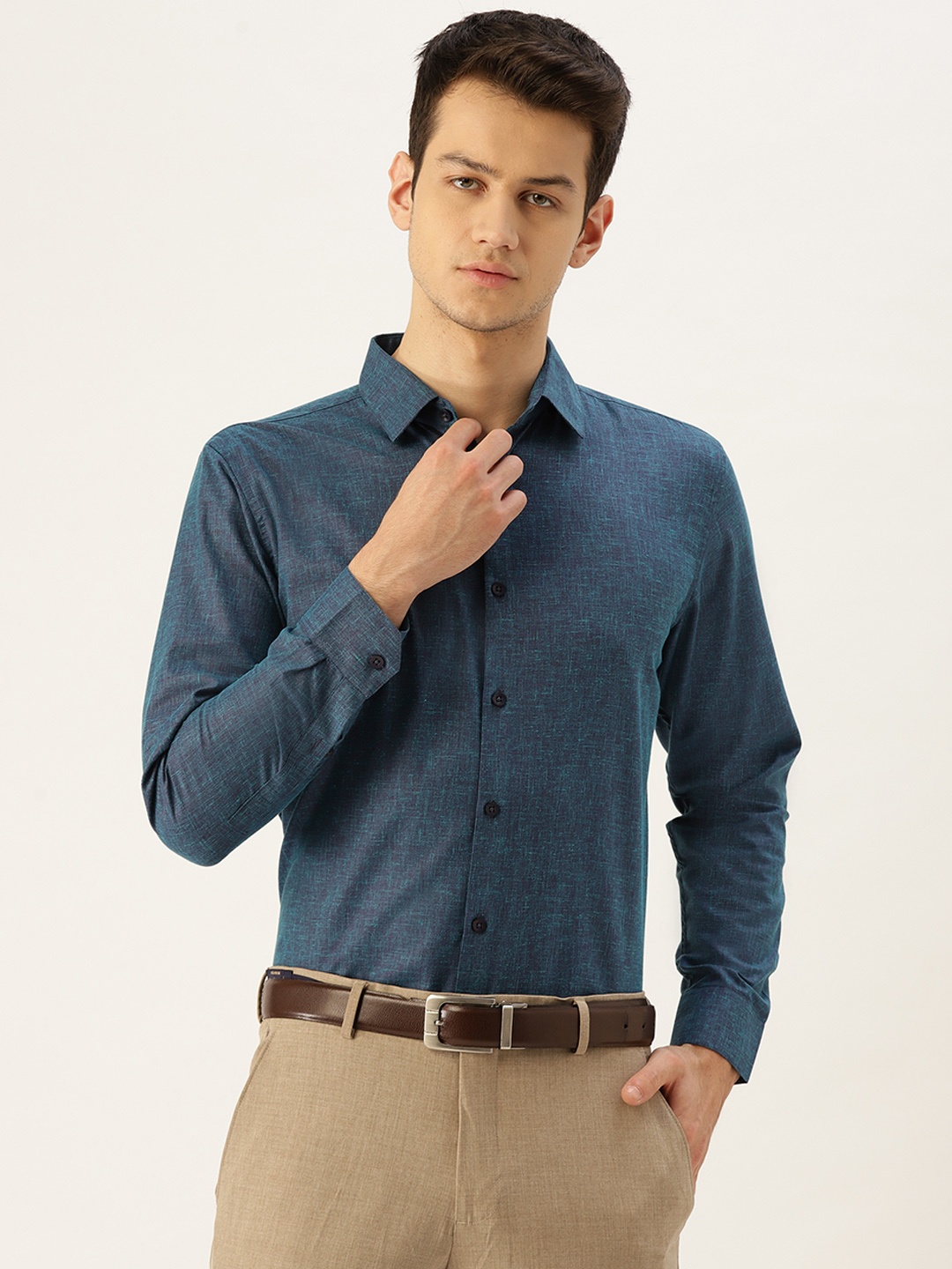 SOJANYA Men Teal Blue Classic Fit Solid Formal Shirt