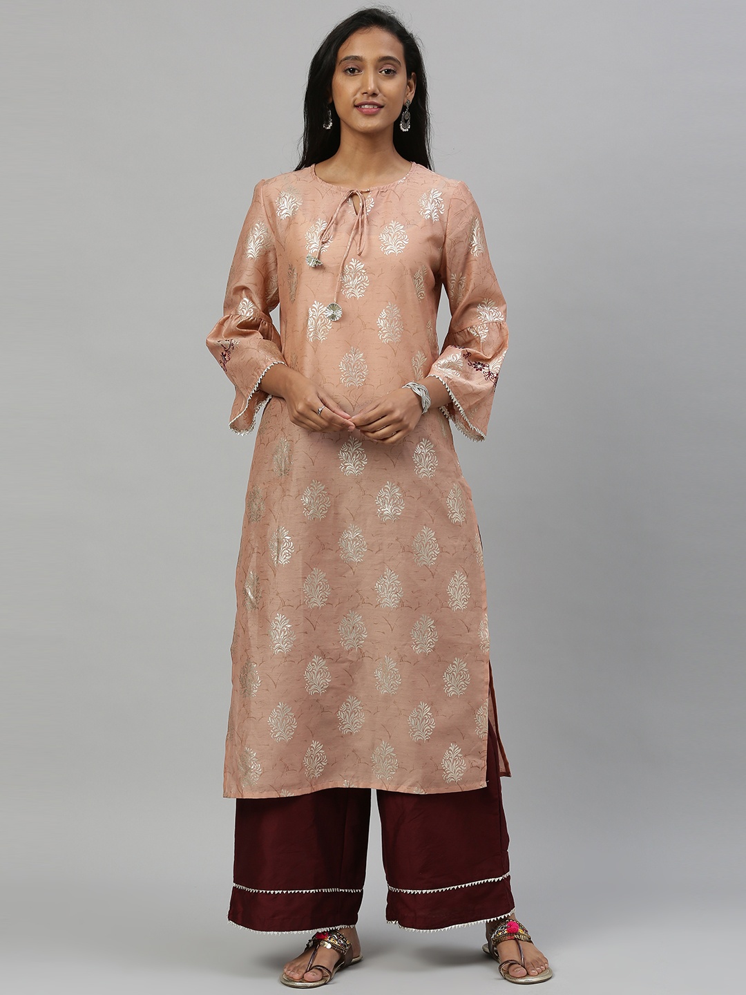 

Anouk Women Peach-Coloured & Maroon Printed Kurta with Palazzos