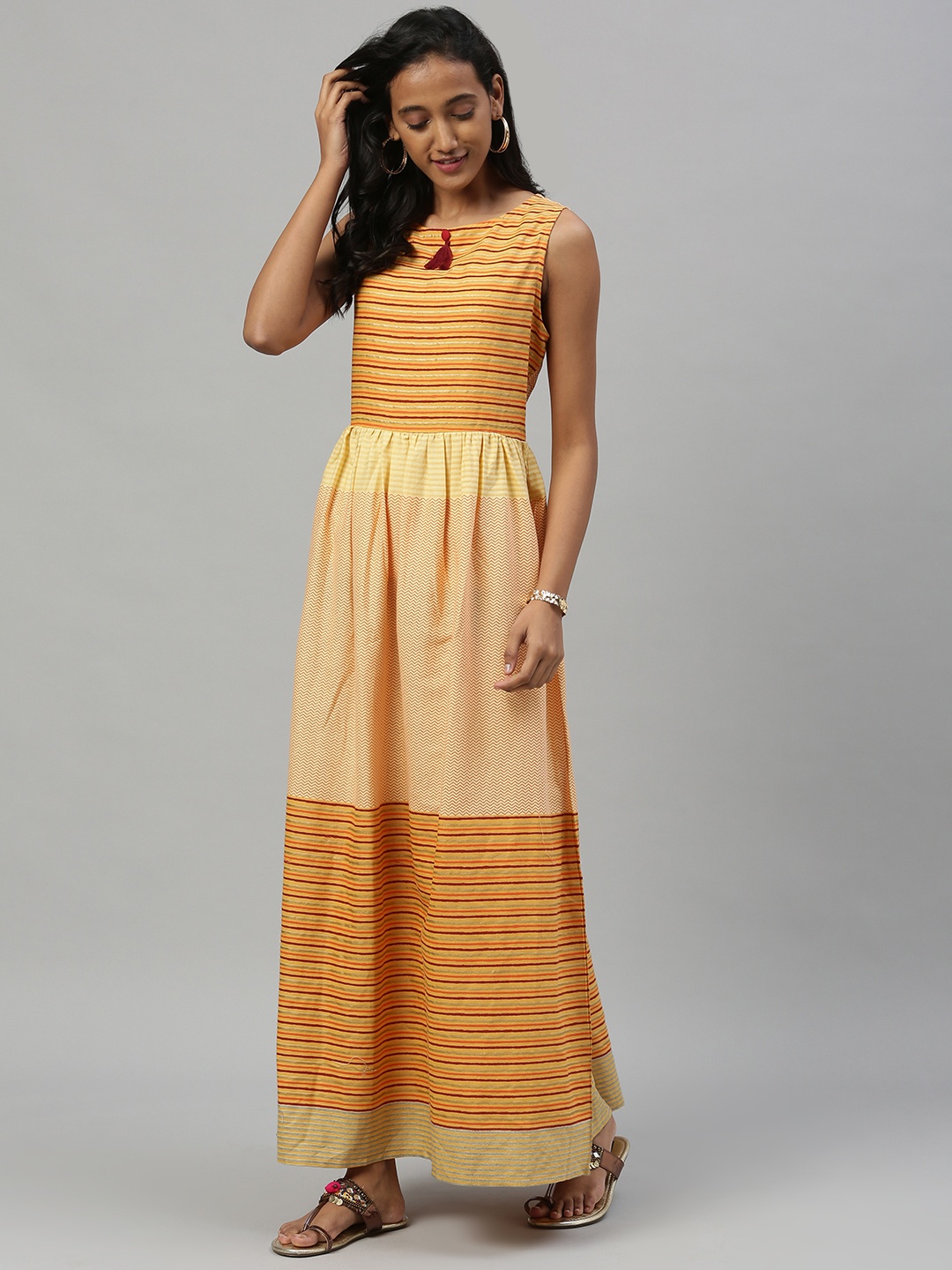 

Anouk Women Mustard Yellow Striped Maxi Dress