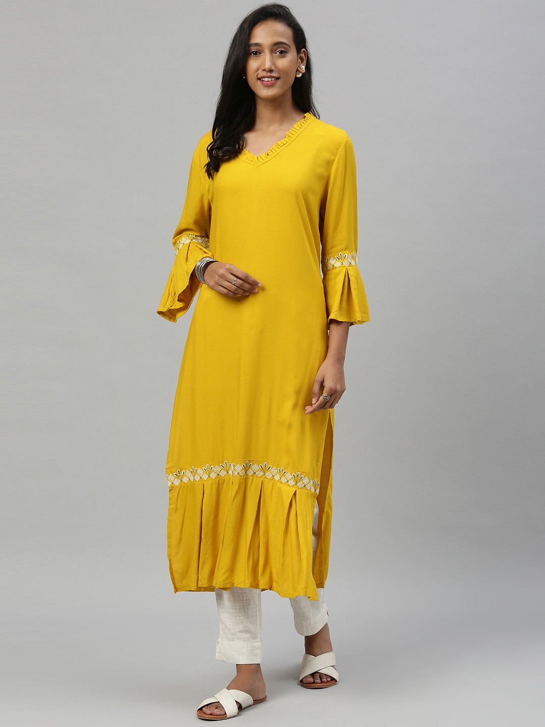 

Anouk Women Mustard Yellow Solid Straight Kurta with Embroidery