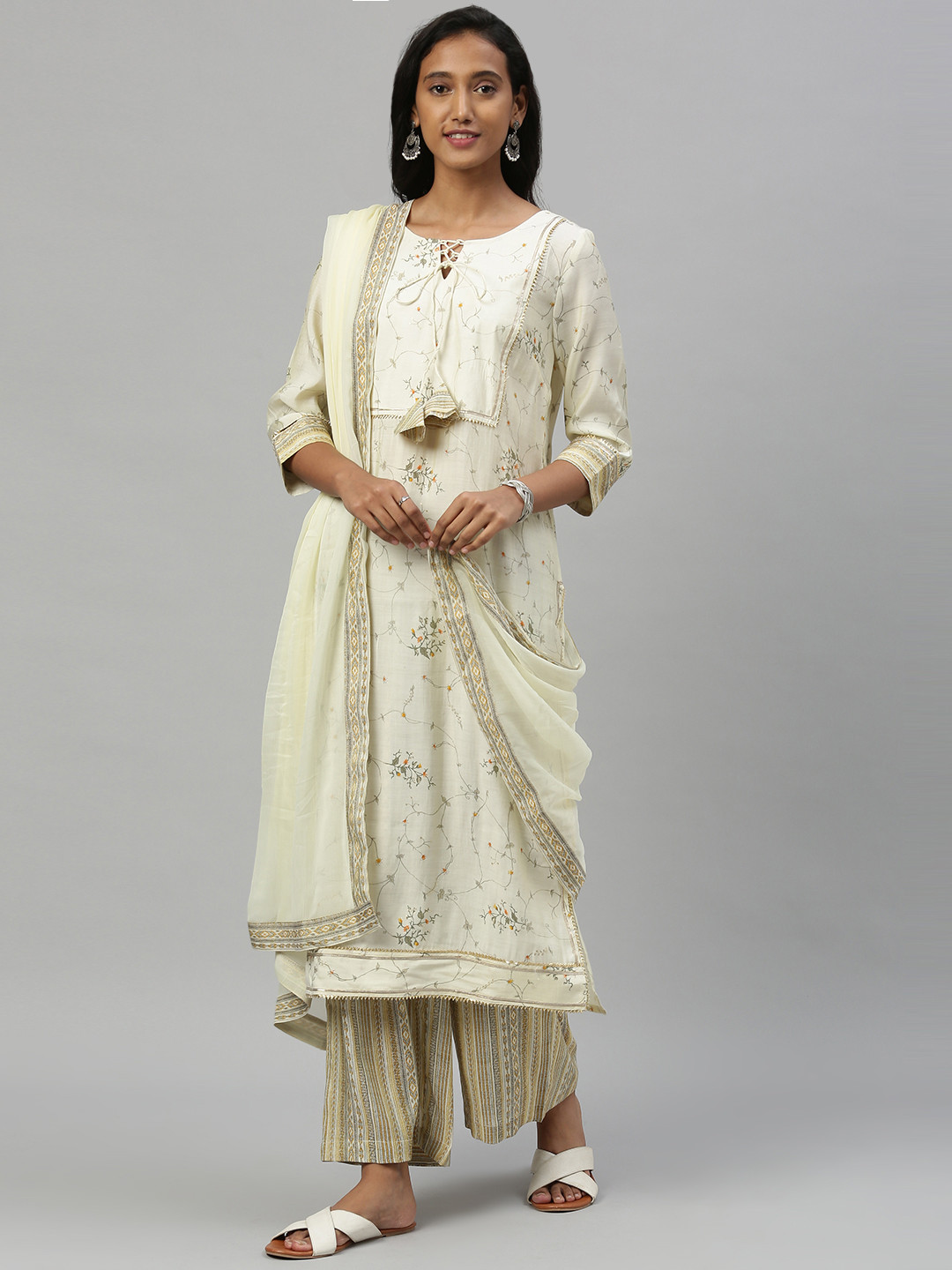 

Anouk Women Beige & Grey Printed Kurta with Palazzos & Dupatta
