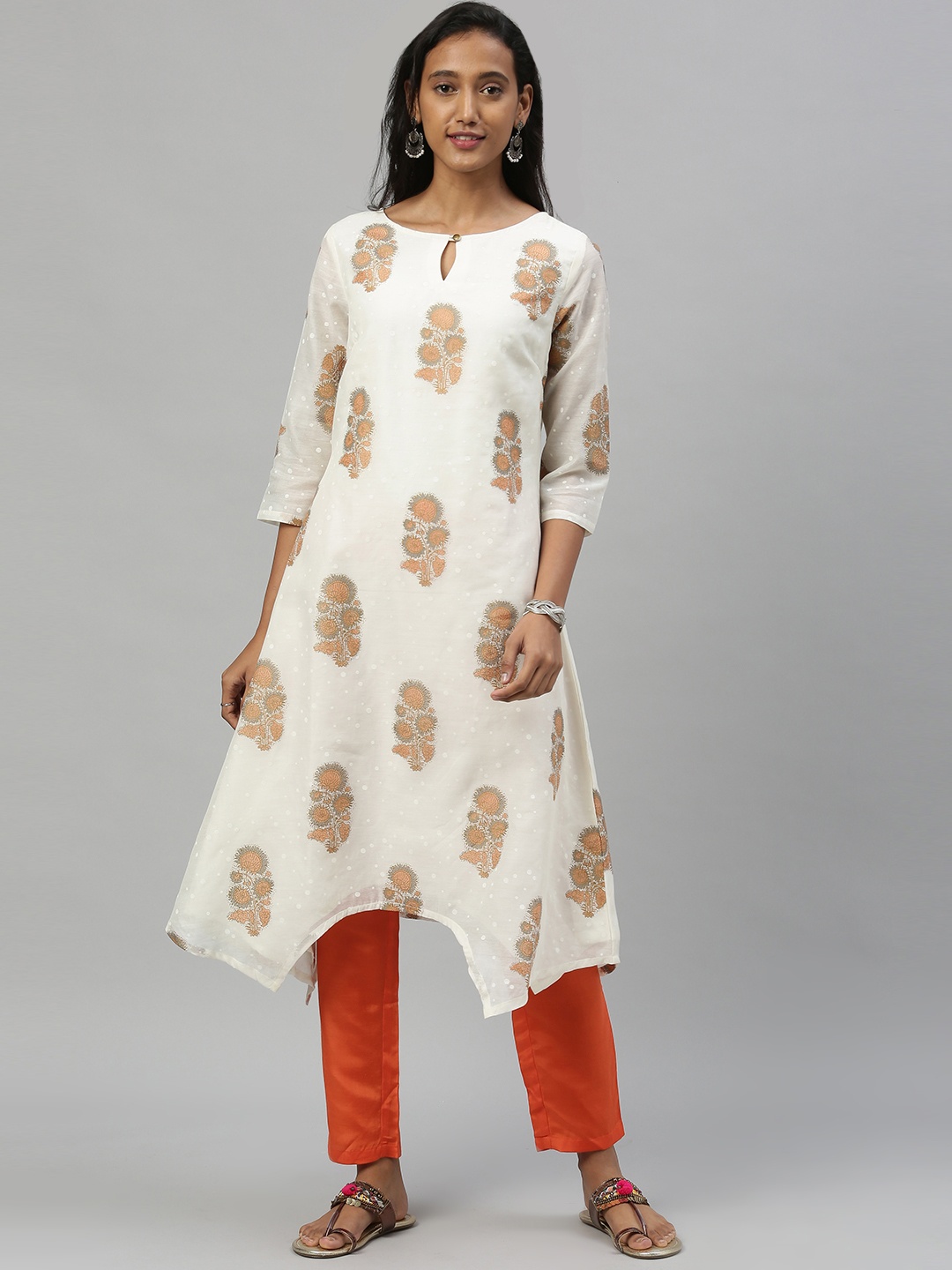 

Anouk Women Off-White & Orange Printed Kurta with Trousers
