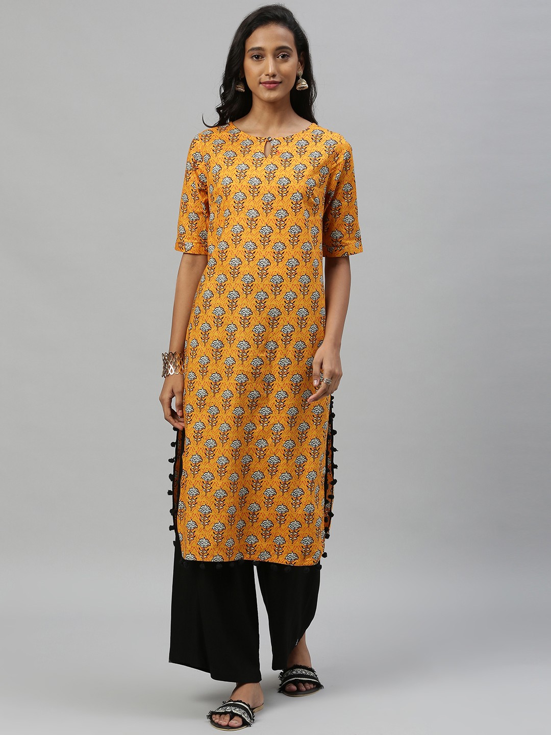 

Anouk Women Mustard Yellow & White Printed Straight Kurta