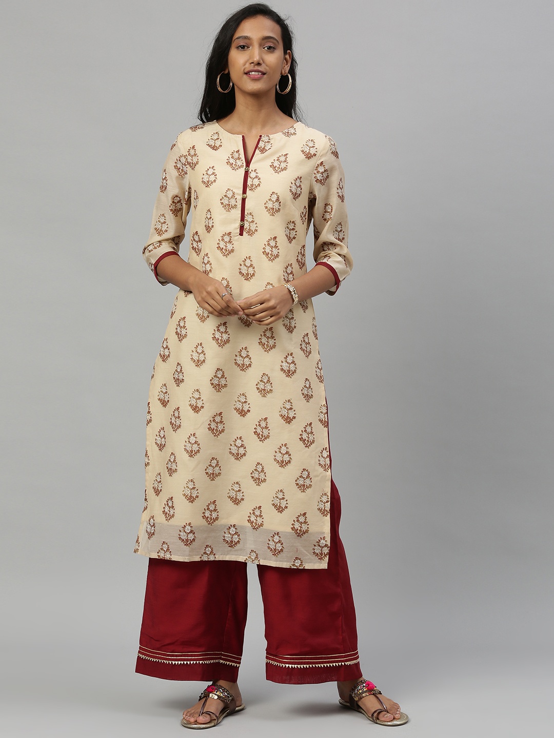 

Anouk Women Beige & Maroon Printed Kurta with Palazzos