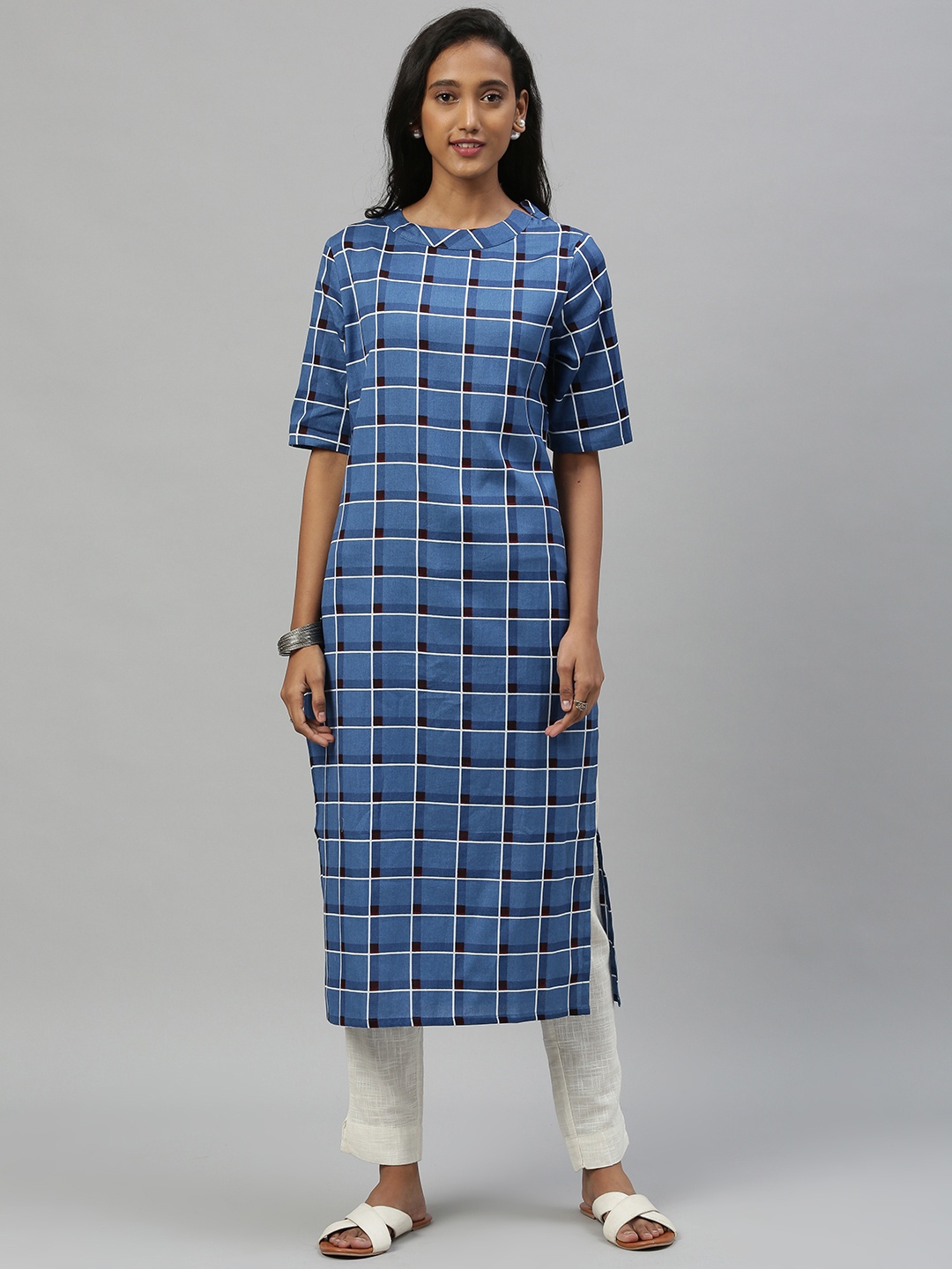 

Anouk Women Blue & White Checked Straight Kurta