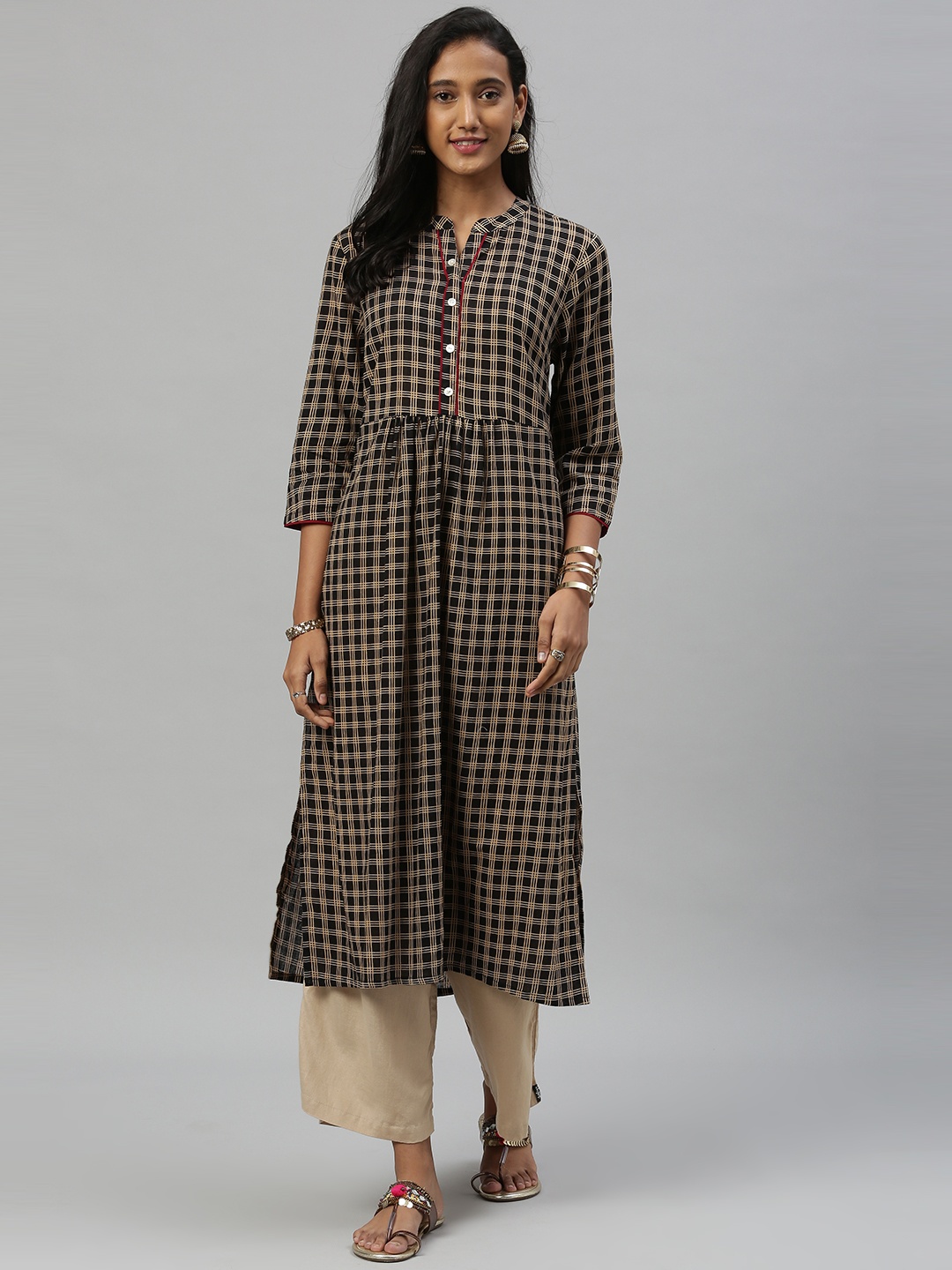 

Anouk Women Black & Beige Checked A-Line Kurta with Gathers