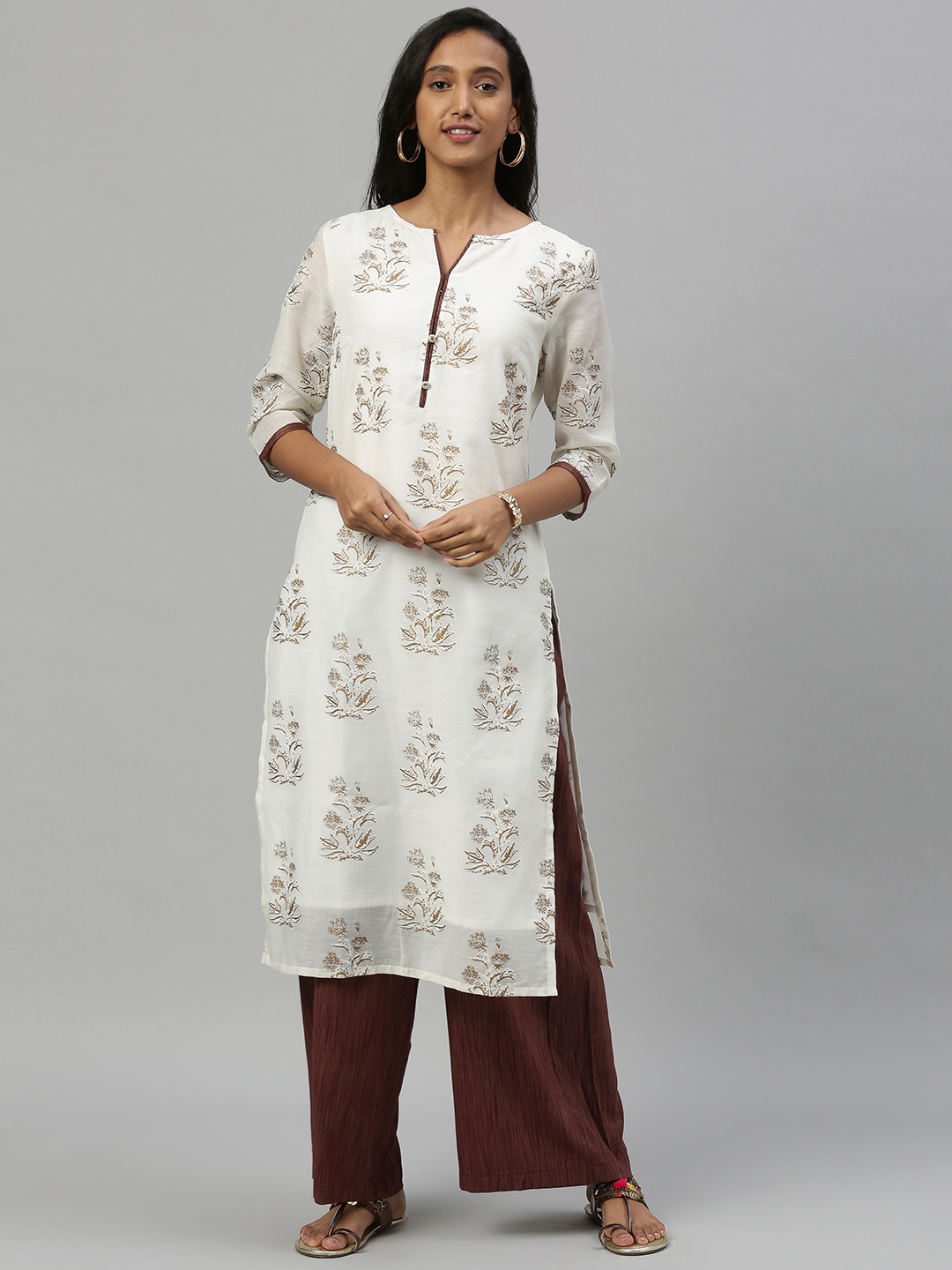 

Anouk Women White & Beige Printed Kurta with Palazzos