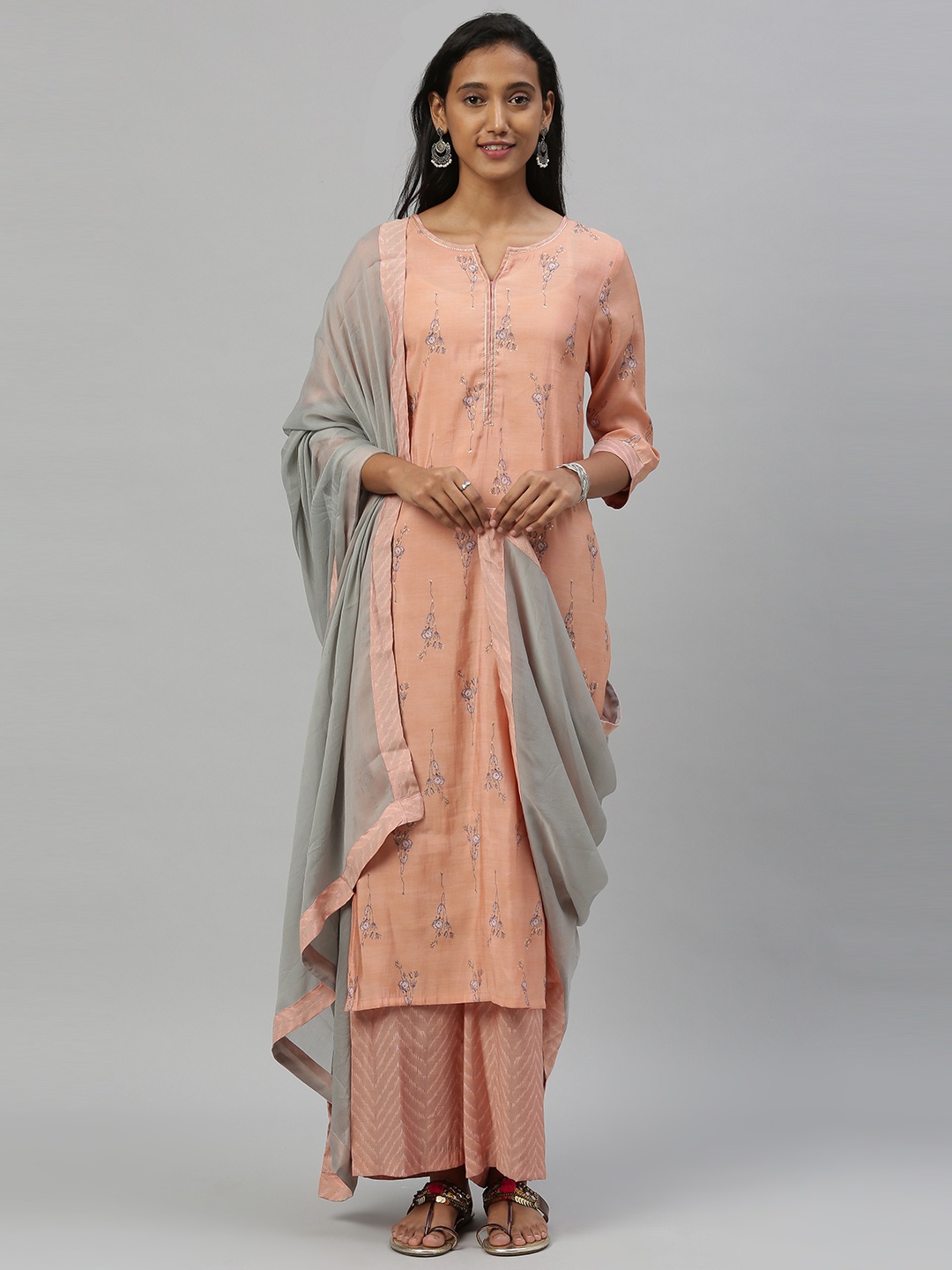 

Anouk Women Peach-Coloured & Purple Printed Kurta with Palazzos & Dupatta