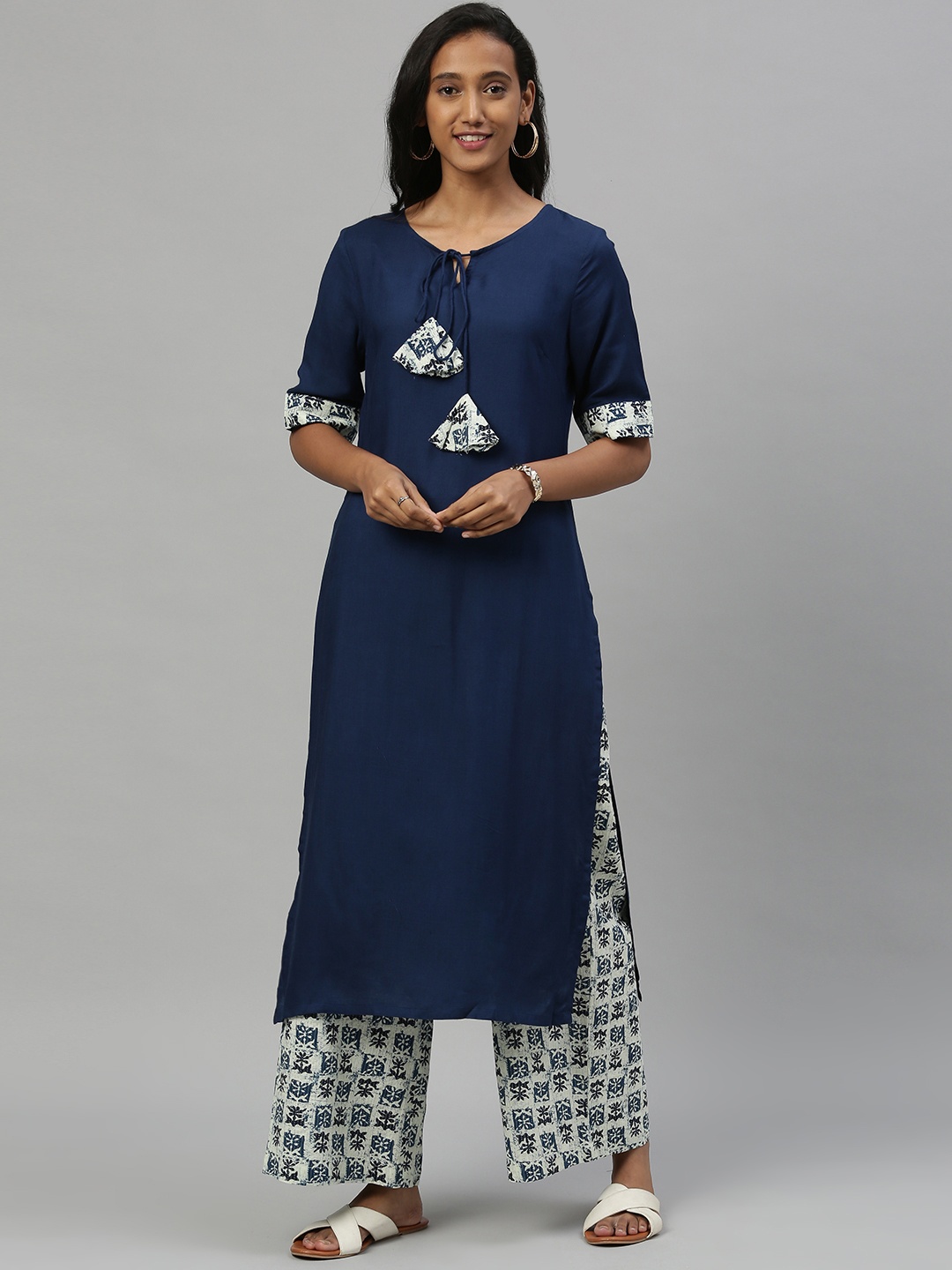 

Anouk Women Navy Blue & White Solid Kurta with Palazzos