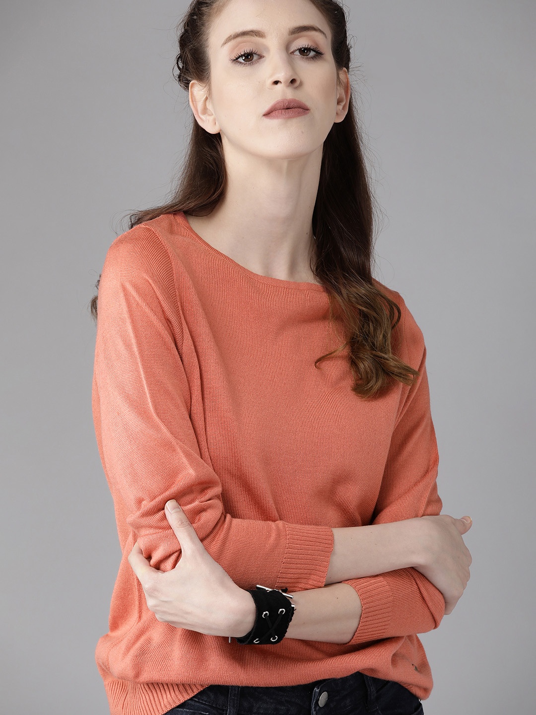 

Roadster Women Peach-Coloured Solid Pullover