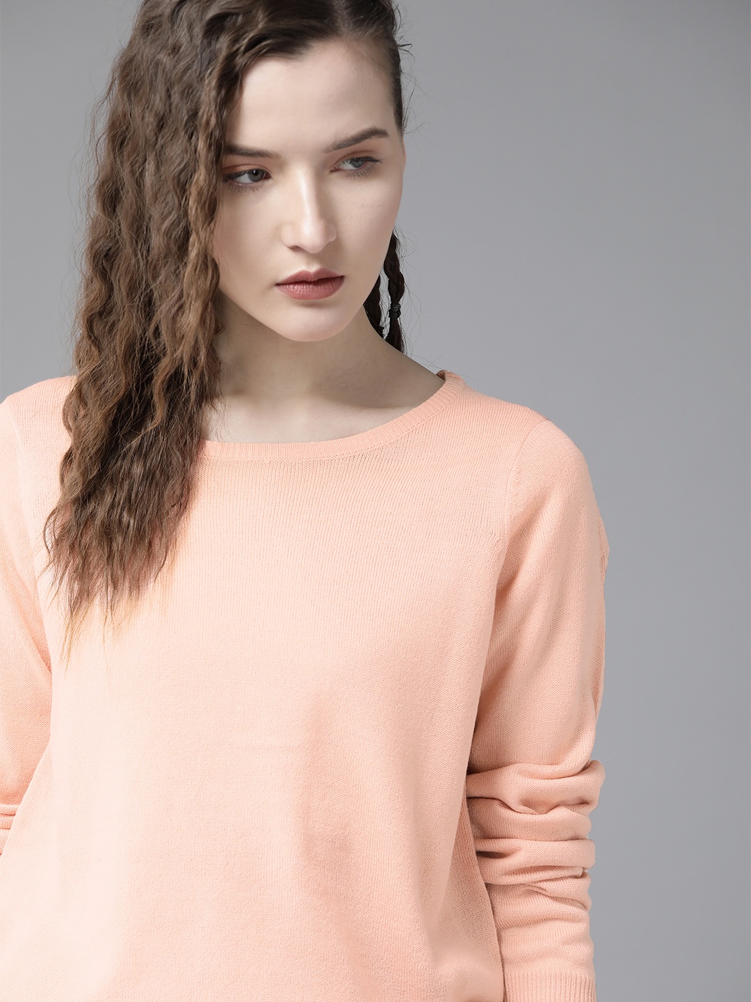 

Roadster Women Peach-Coloured Solid Pullover Sweater