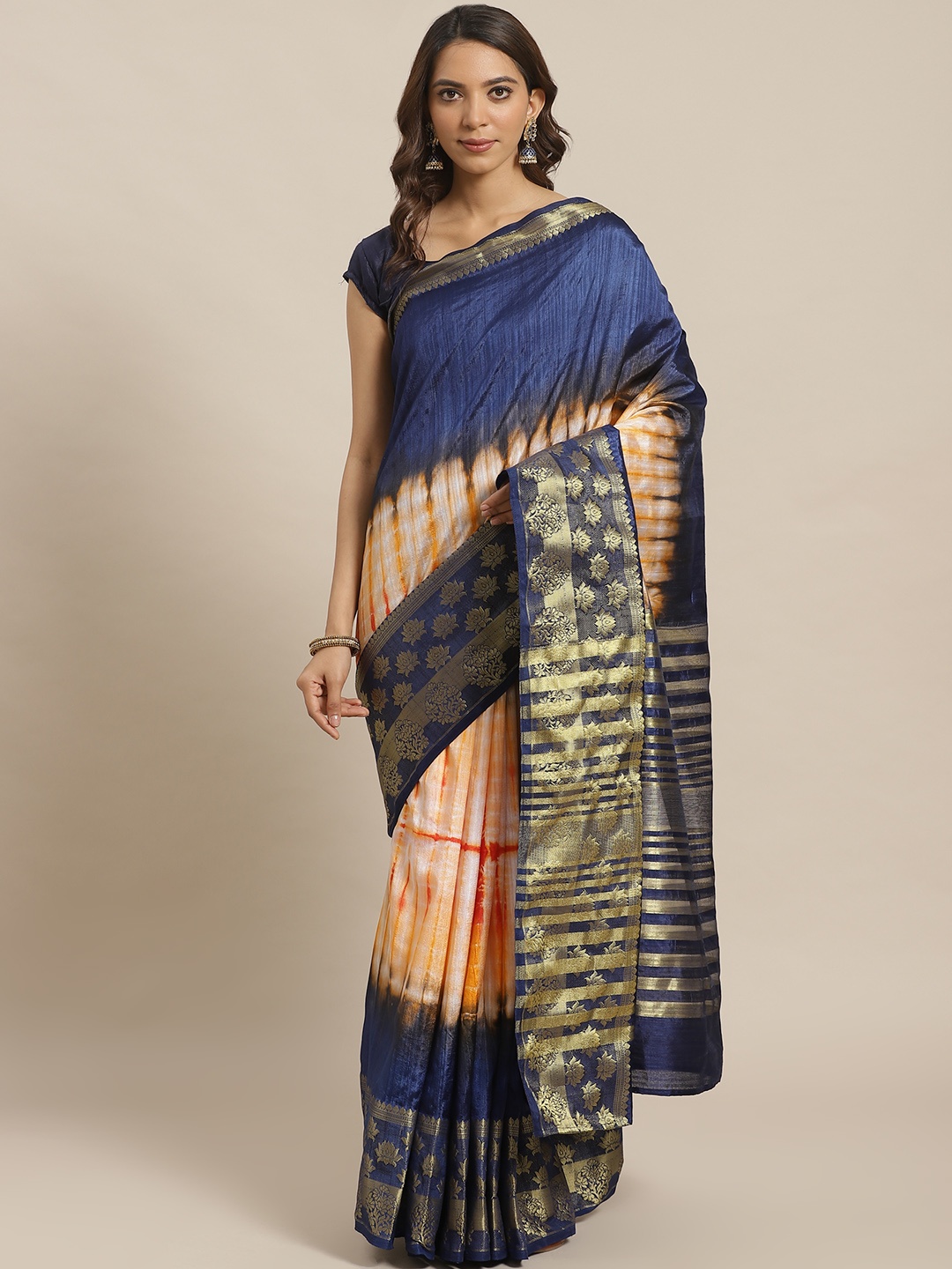 

Mitera Navy Blue & Orange Dyed Saree