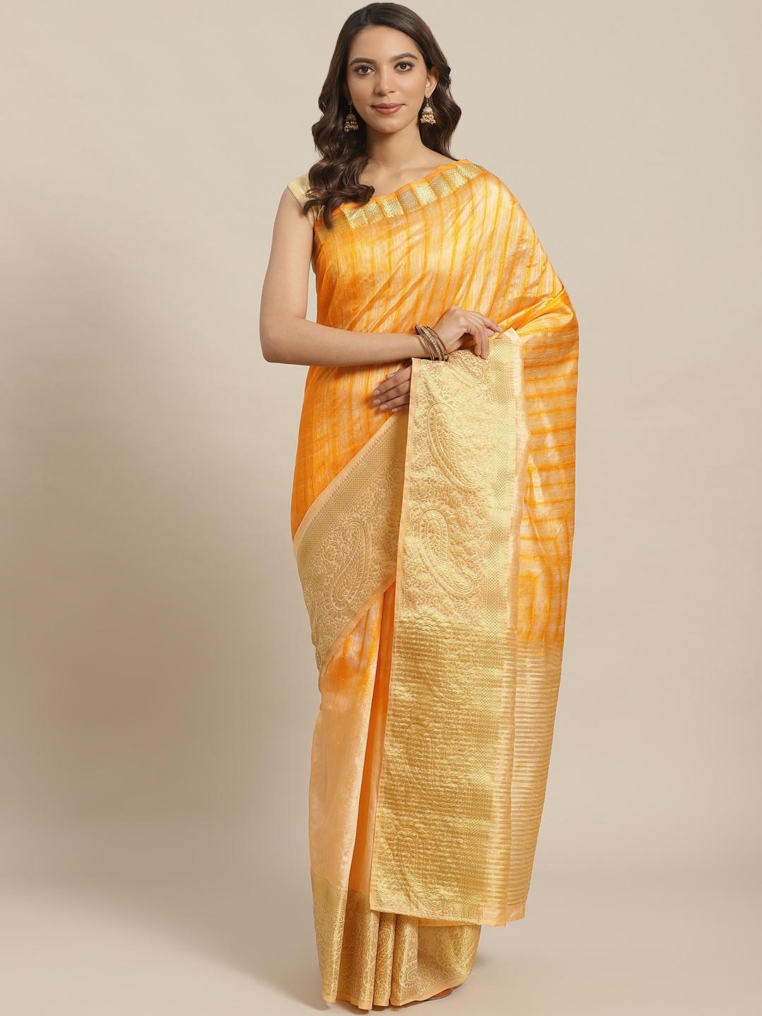 

Mitera Coral Orange & Golden Dyed Saree