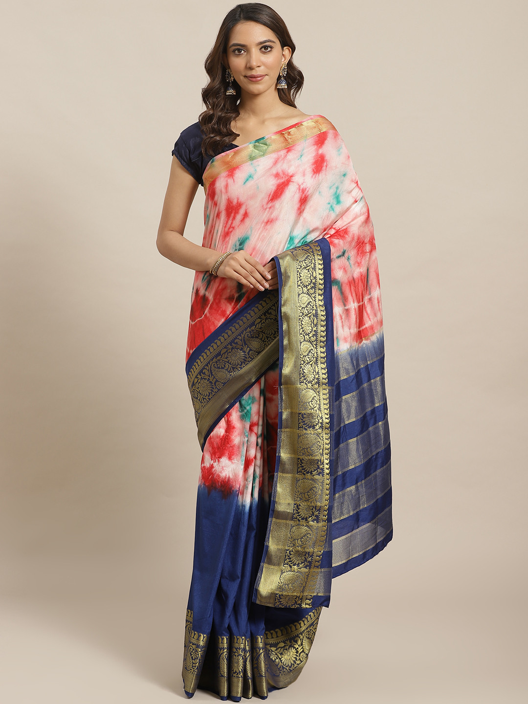 

Mitera Red & Navy Blue Dyed Saree