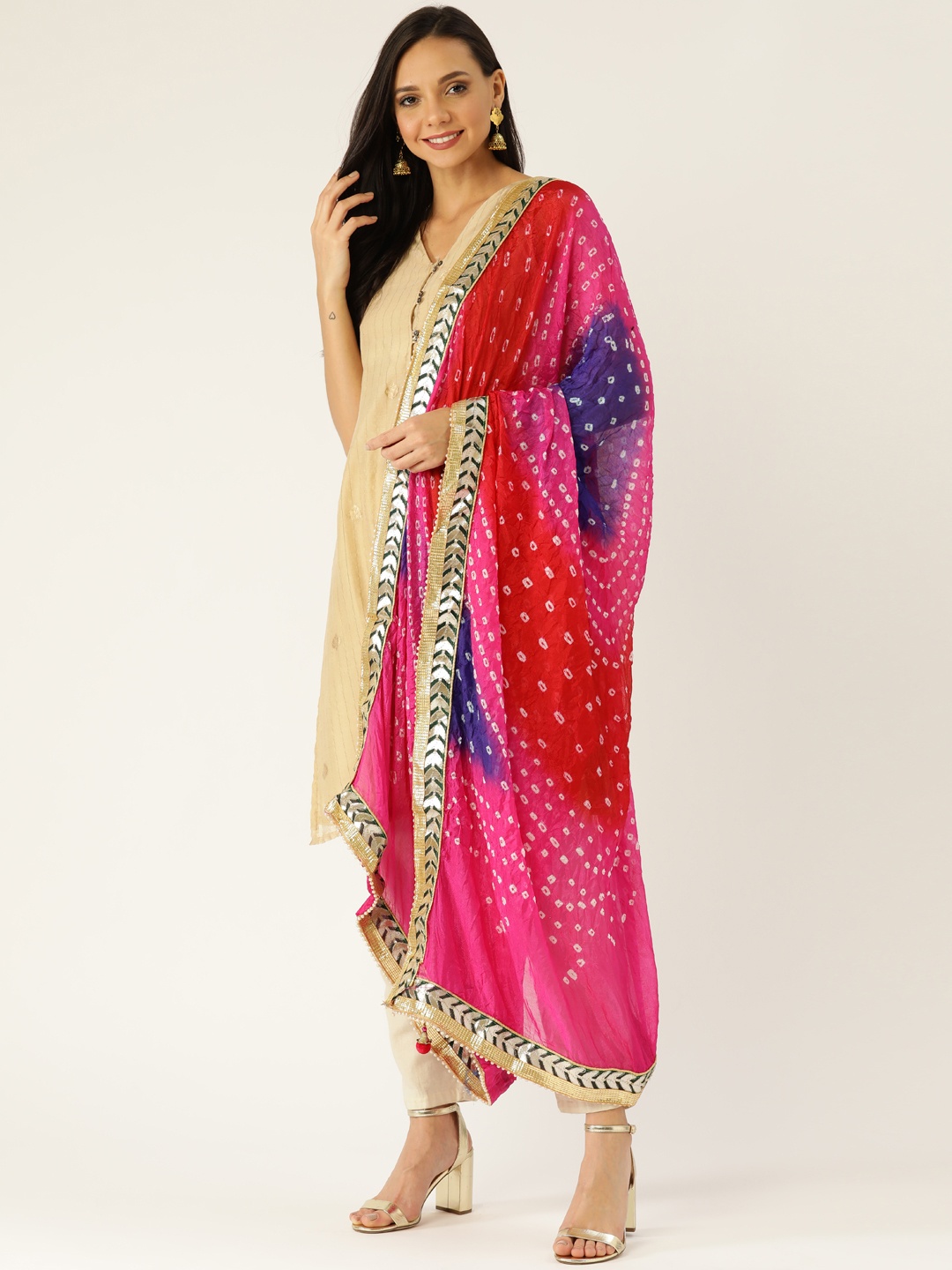 

Shaily Pink & Orange Bandhani Print Dupatta