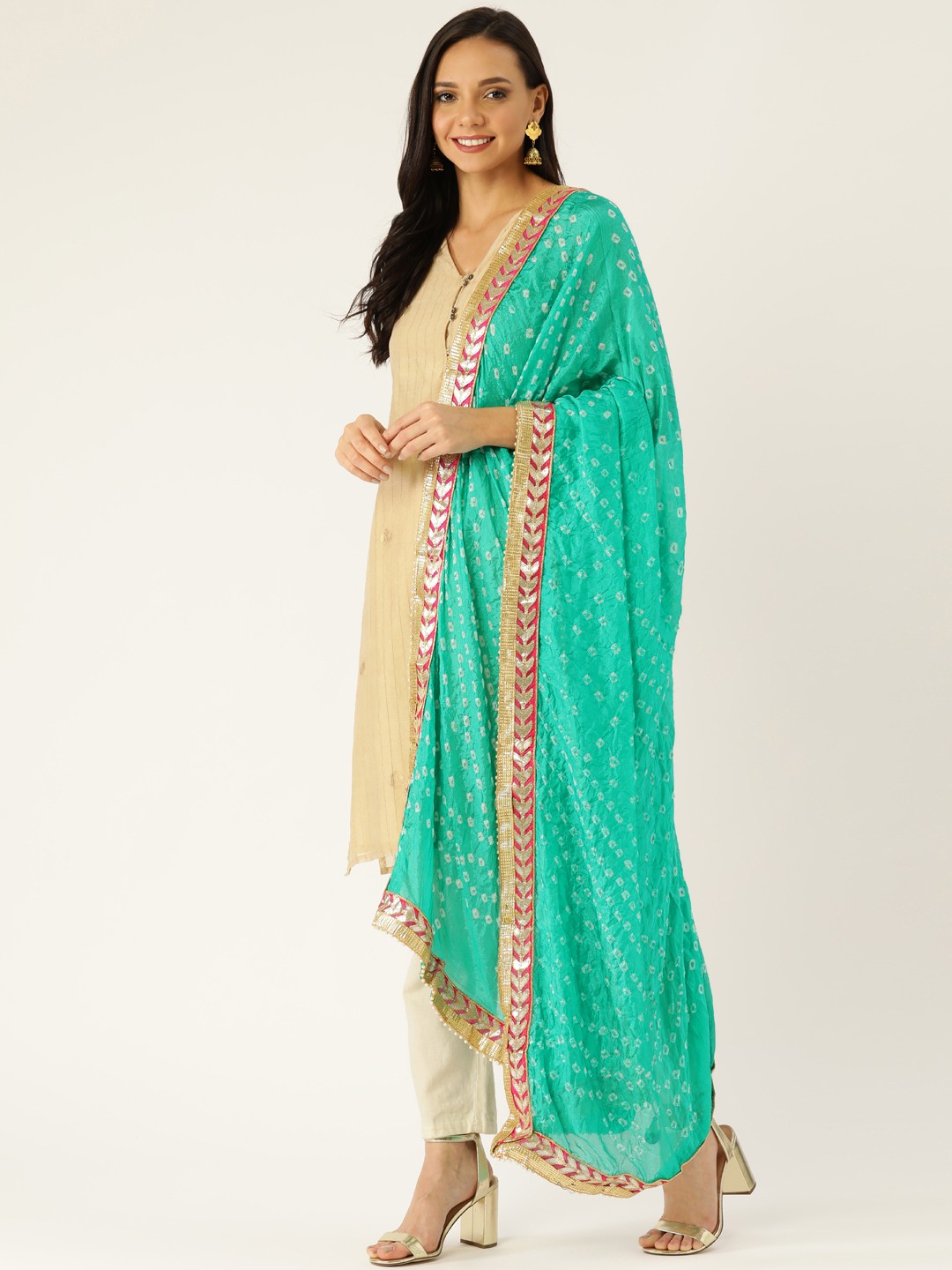 

Shaily Women Green & Off-White Bandhani Print Dupatta
