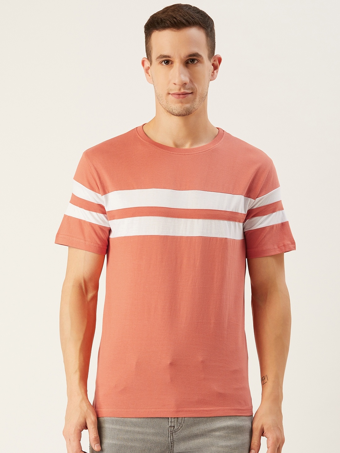 

Rodzen Men Peach-Coloured & White Striped Round Neck T-shirt