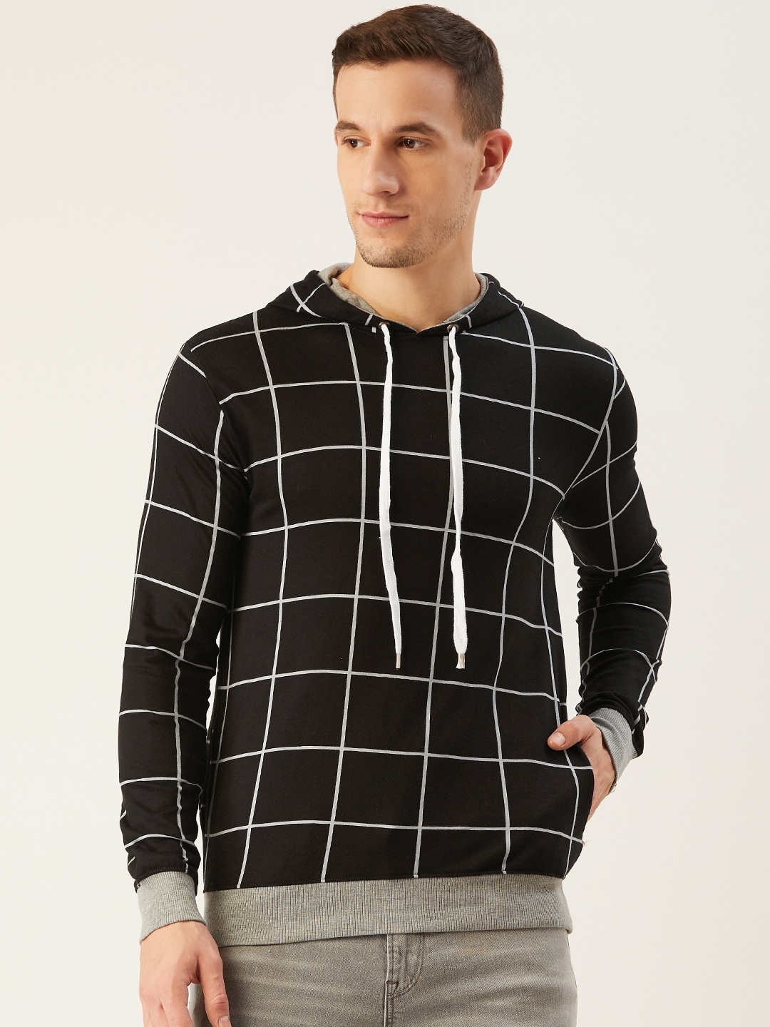 

Rodzen Men Black & Grey Checked Hooded Sweatshirt