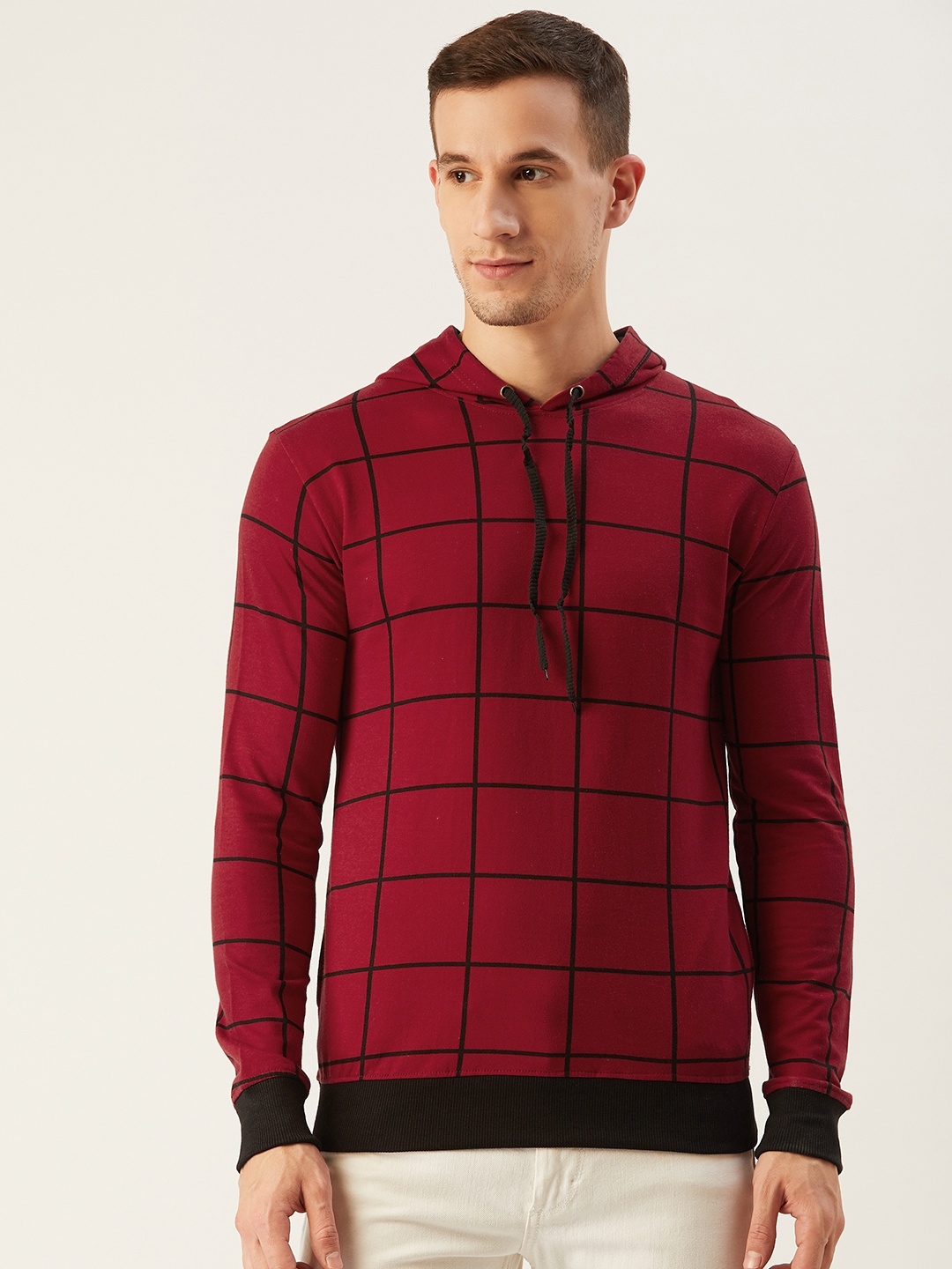 

Rodzen Men Maroon & Black Checked Hooded Sweatshirt
