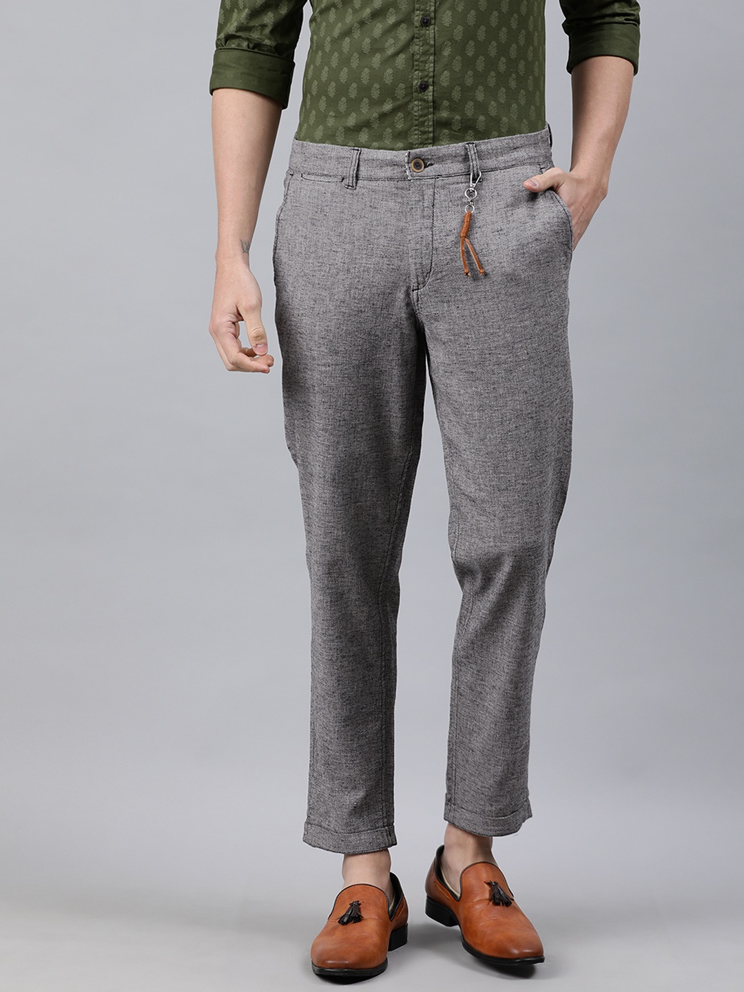 

Jack & Jones Men Grey Slim Fit Solid Regular Trousers
