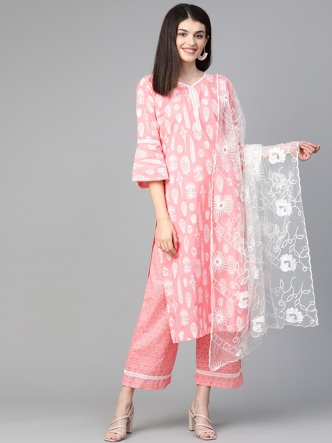 

Indo Era Women Pink & Silver Foil Print Kurta with Palazzos & Dupatta